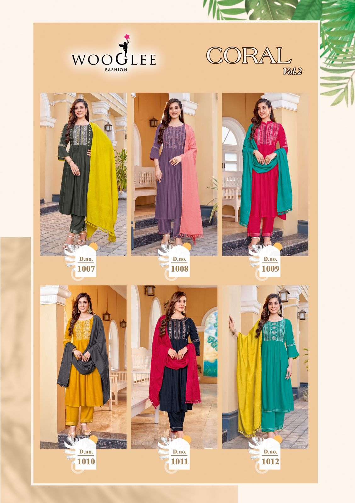 coral vol-2 by wooglee fashion 1007-1012 series trendy designer top bottom with dupatta set catalogue surat 