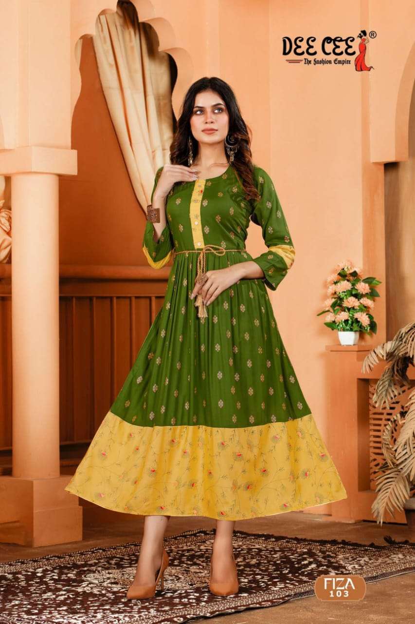 fiza by deecee 101 106 series rayon printed long kurtis catalogue online wholesale rate surat gujarat