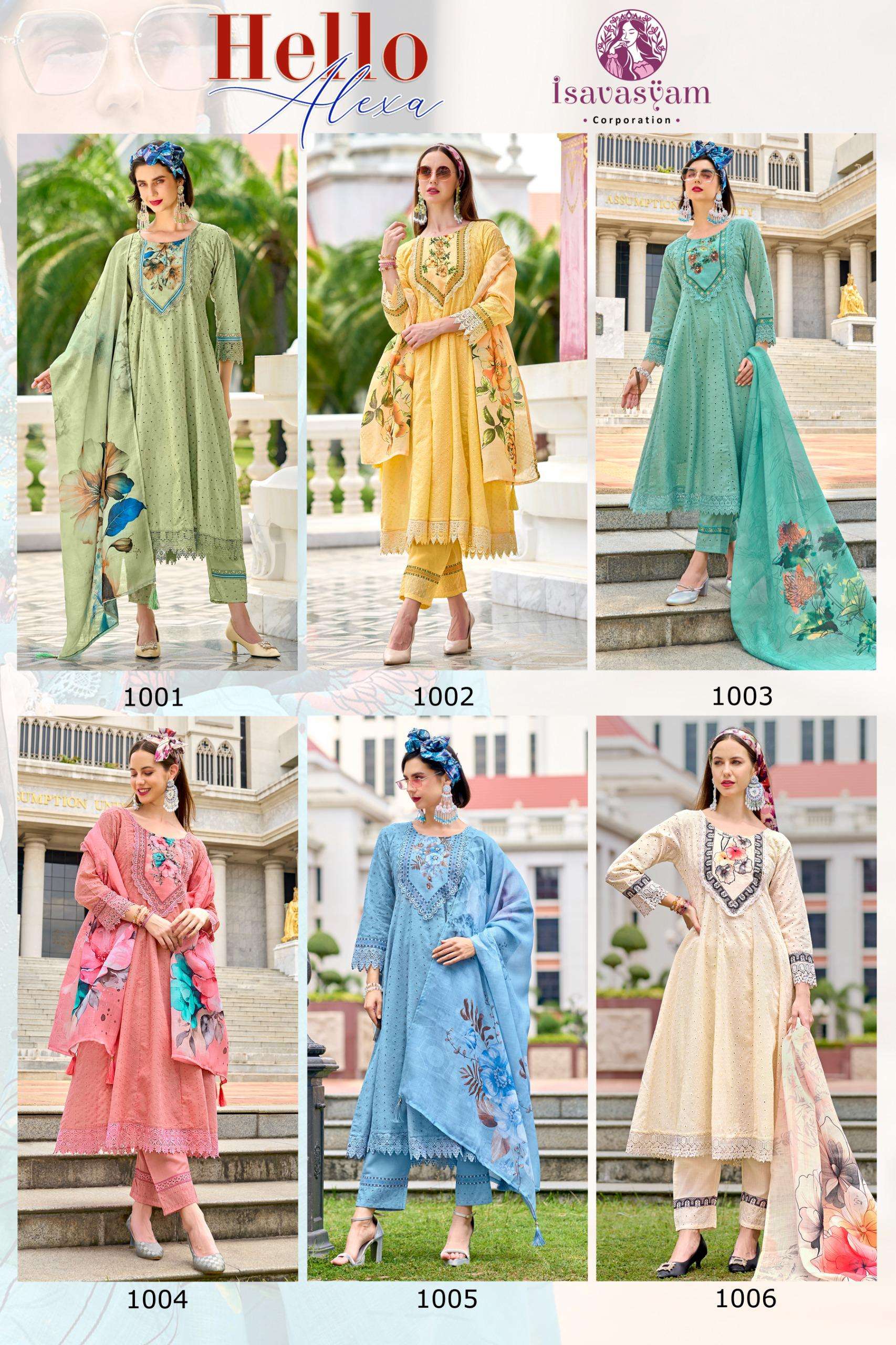 hello alexa by isavasyam corporation 1001-1006 series anarkali style readymade salwar suits wholesale dealer surat gujarat 