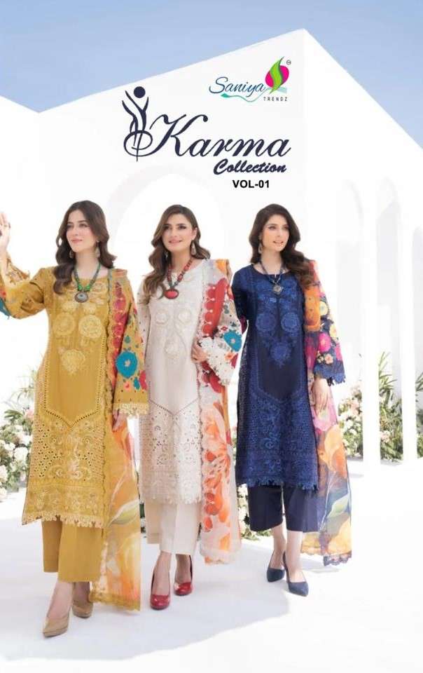 karma vol-1 by saniya trendz 1001-1003 series pakistani designer salwar kameez catalogue online surat gujarat 