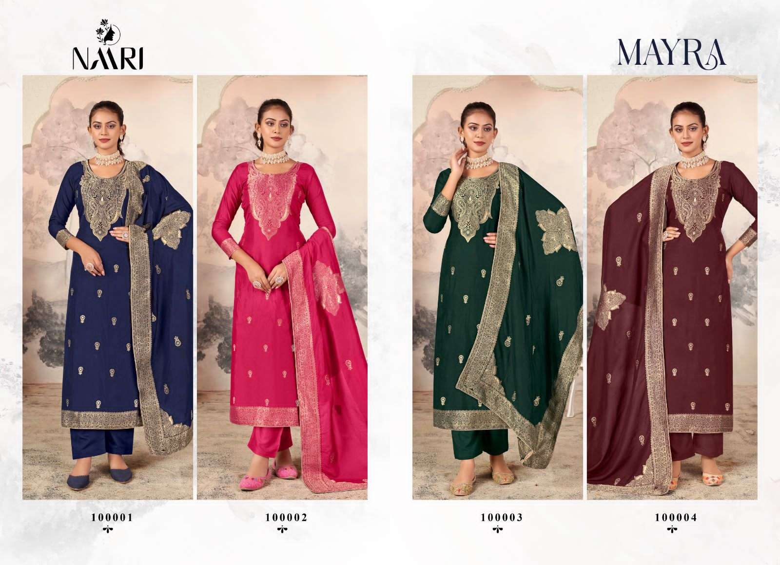 mayra by naari 100001-100004 series indian designer festive wear salwar kameez catalogue wholesaler surat gujarat 
