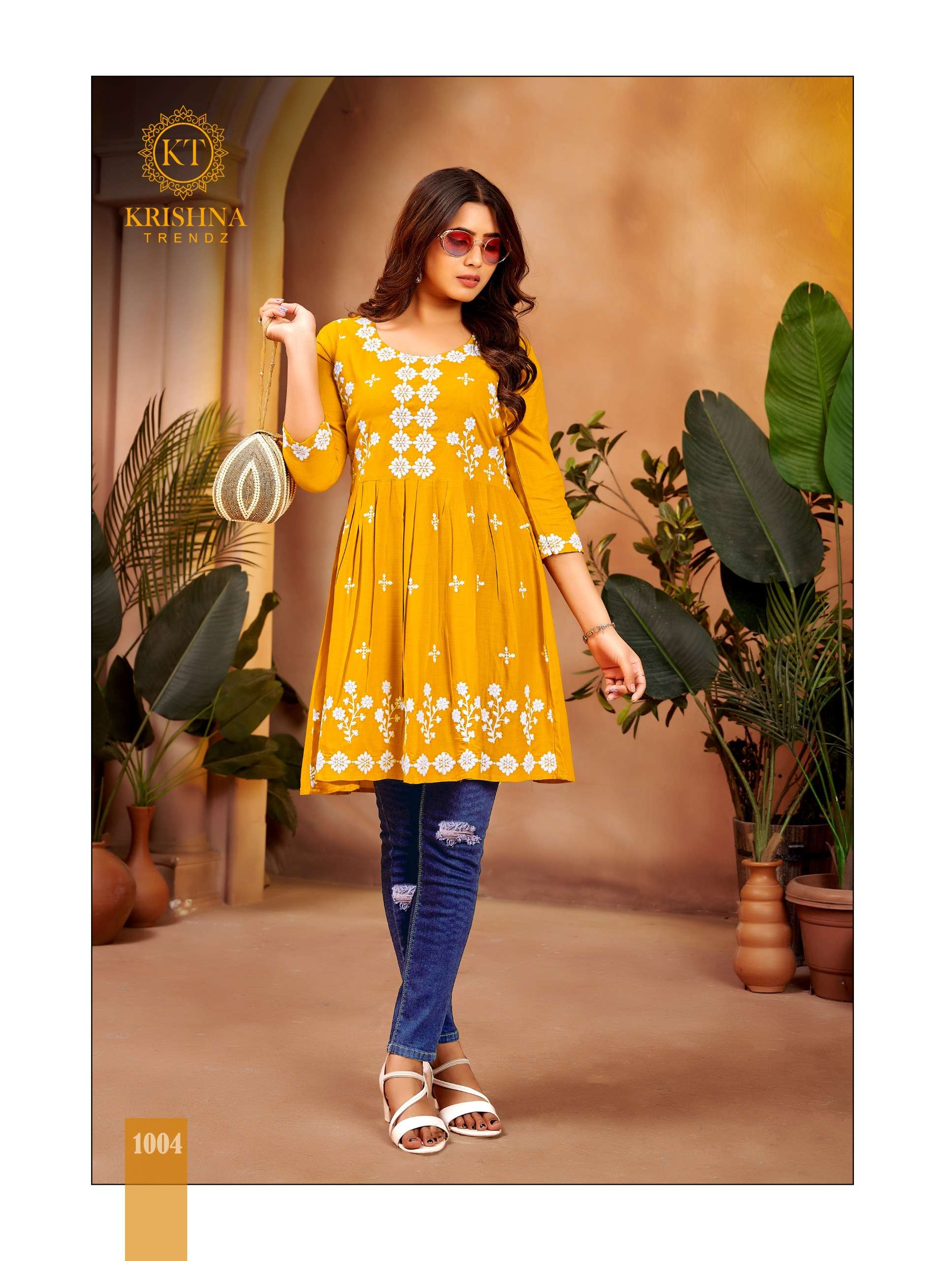 nazakat vol-1 by krishna trendz 1001-1008 series trendy look designer rayon short tops catalogue latest design 2024