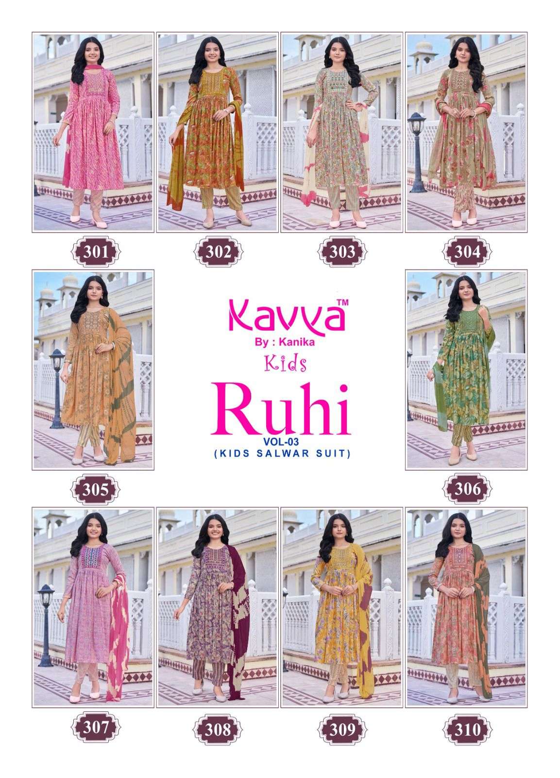 ruhi vol-3 by kavya 301-310 series umbrella cut designer readymade kids wear salwar suits catalogue surat 
