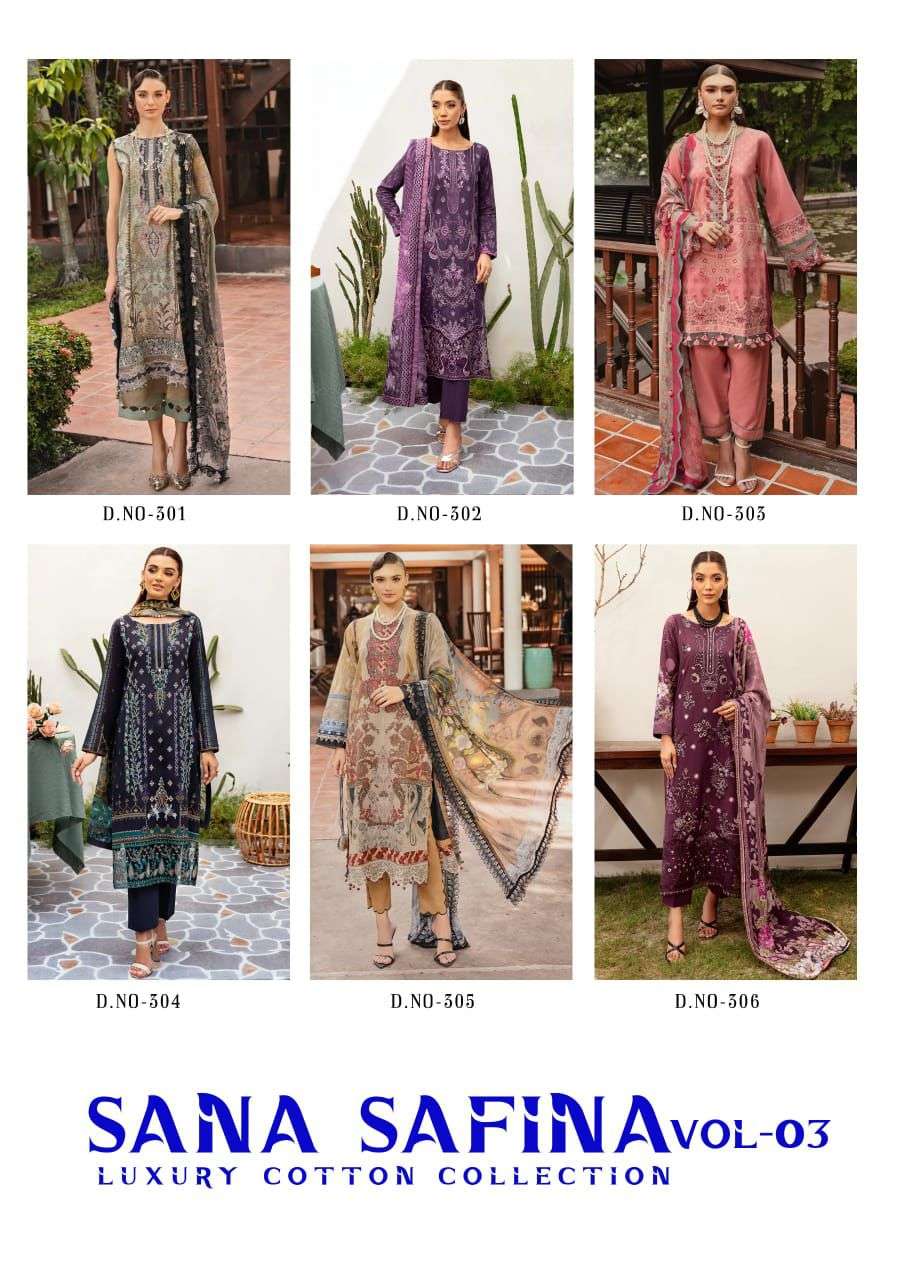 sana safina vol-3 by al karam 301-306 series cotton pakistani salwar kameez catalogue online surat 
