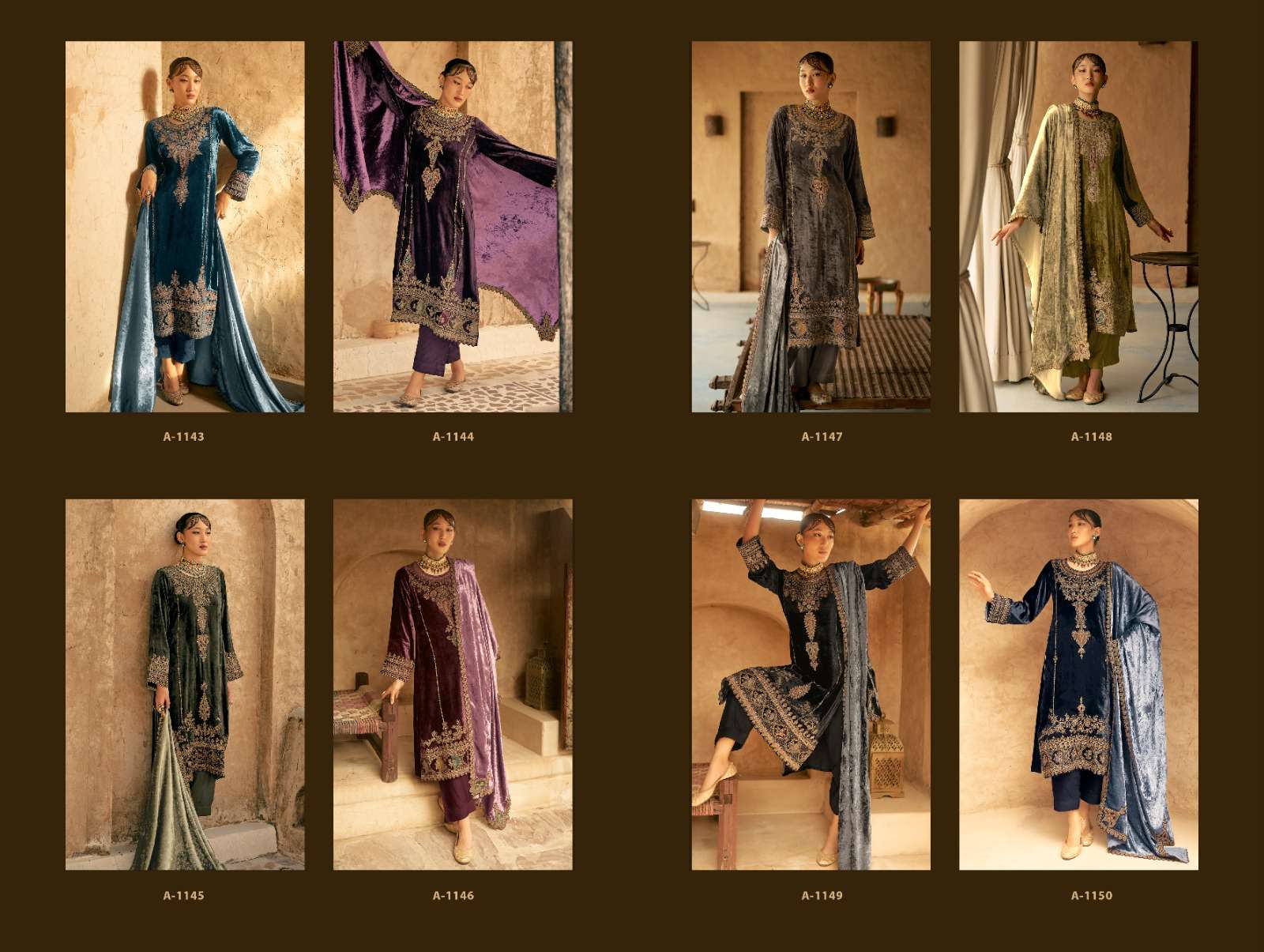 shaina by aiqa lifestyle 1143-1150 series heavy designer velvet pashmina salwar kameez catalogue surat gujarat 