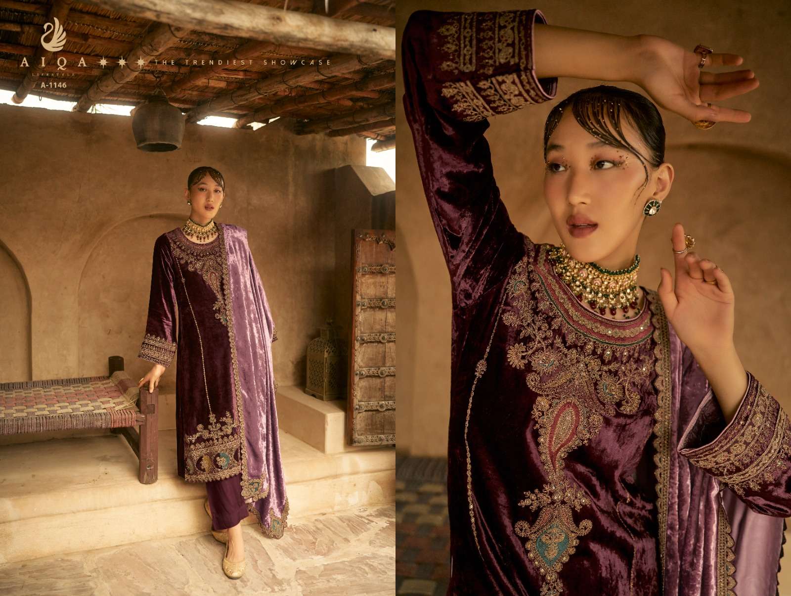 shaina by aiqa lifestyle 1143-1150 series heavy designer velvet pashmina salwar kameez catalogue surat gujarat 
