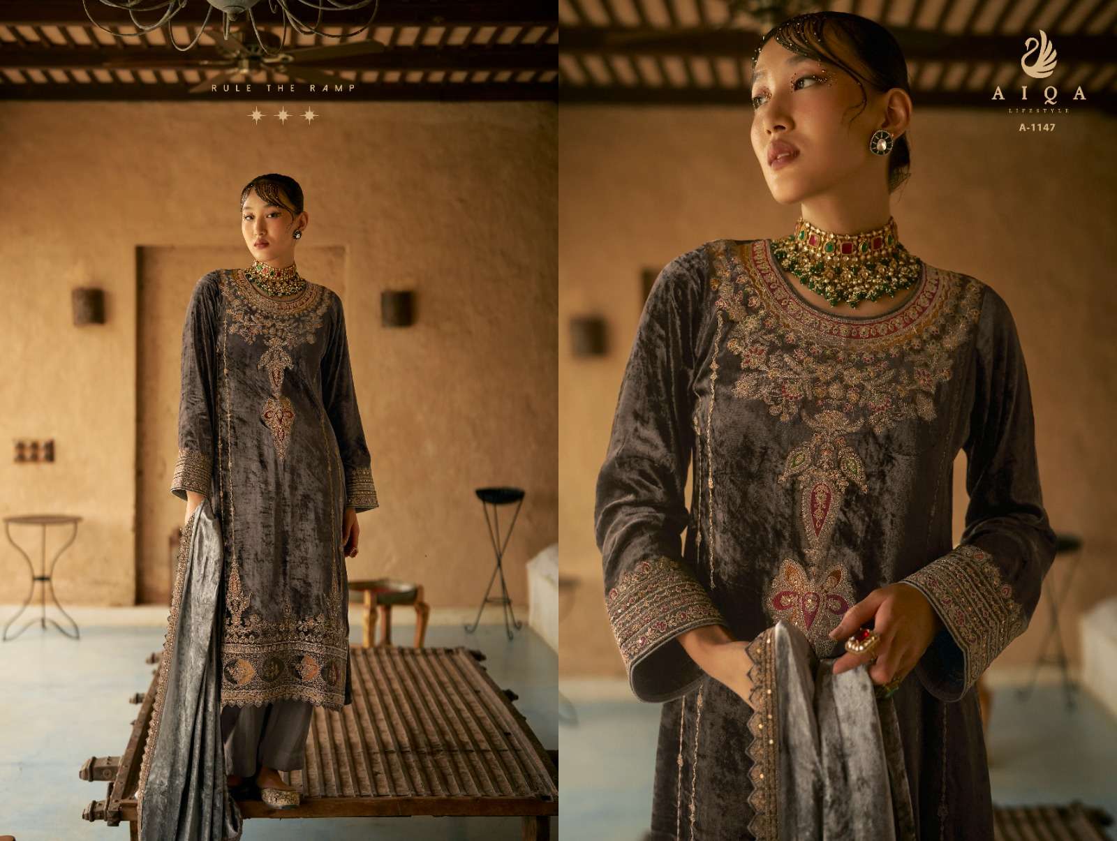 shaina by aiqa lifestyle 1143-1150 series heavy designer velvet pashmina salwar kameez catalogue surat gujarat 
