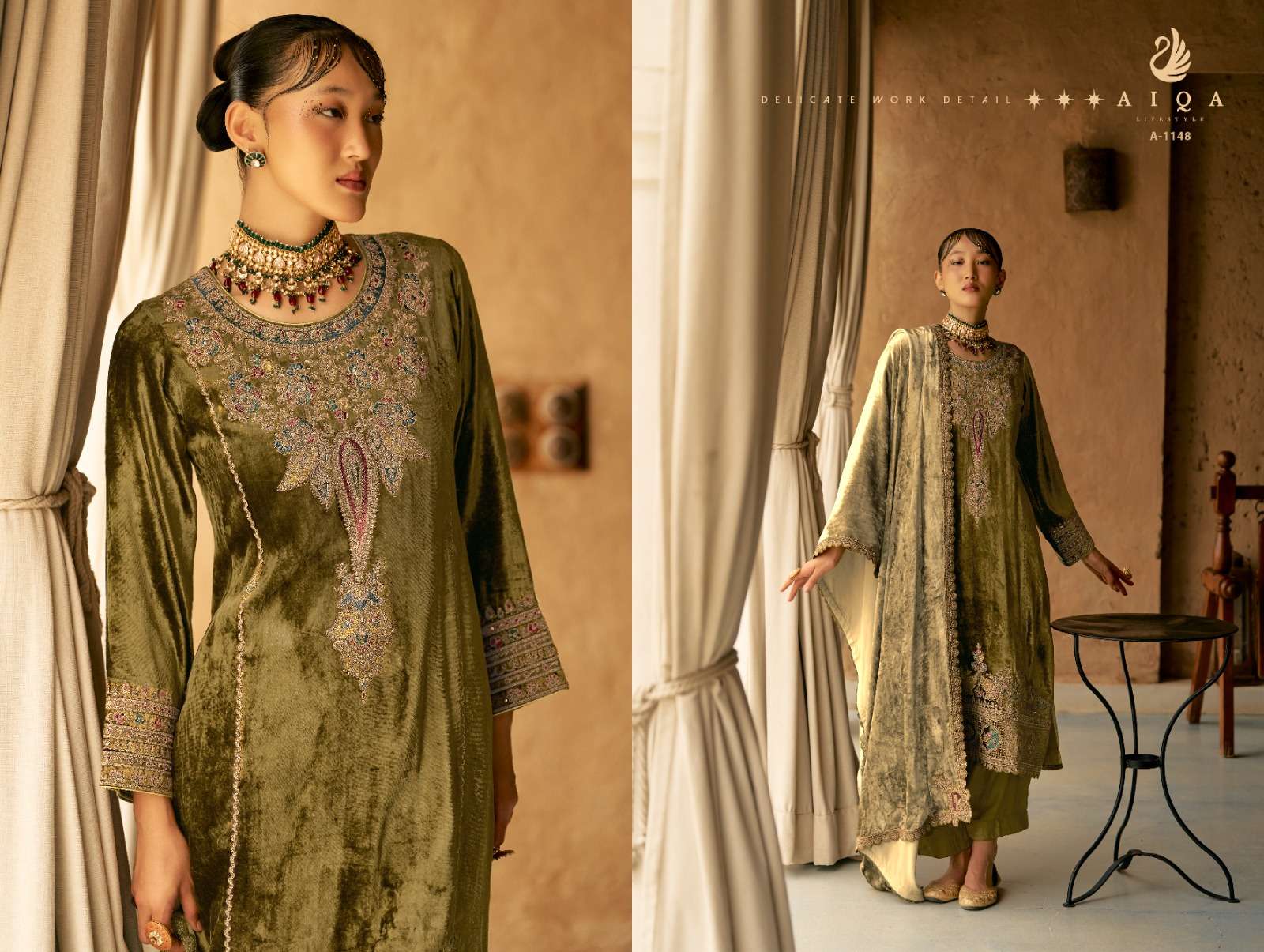 shaina by aiqa lifestyle 1143-1150 series heavy designer velvet pashmina salwar kameez catalogue surat gujarat 