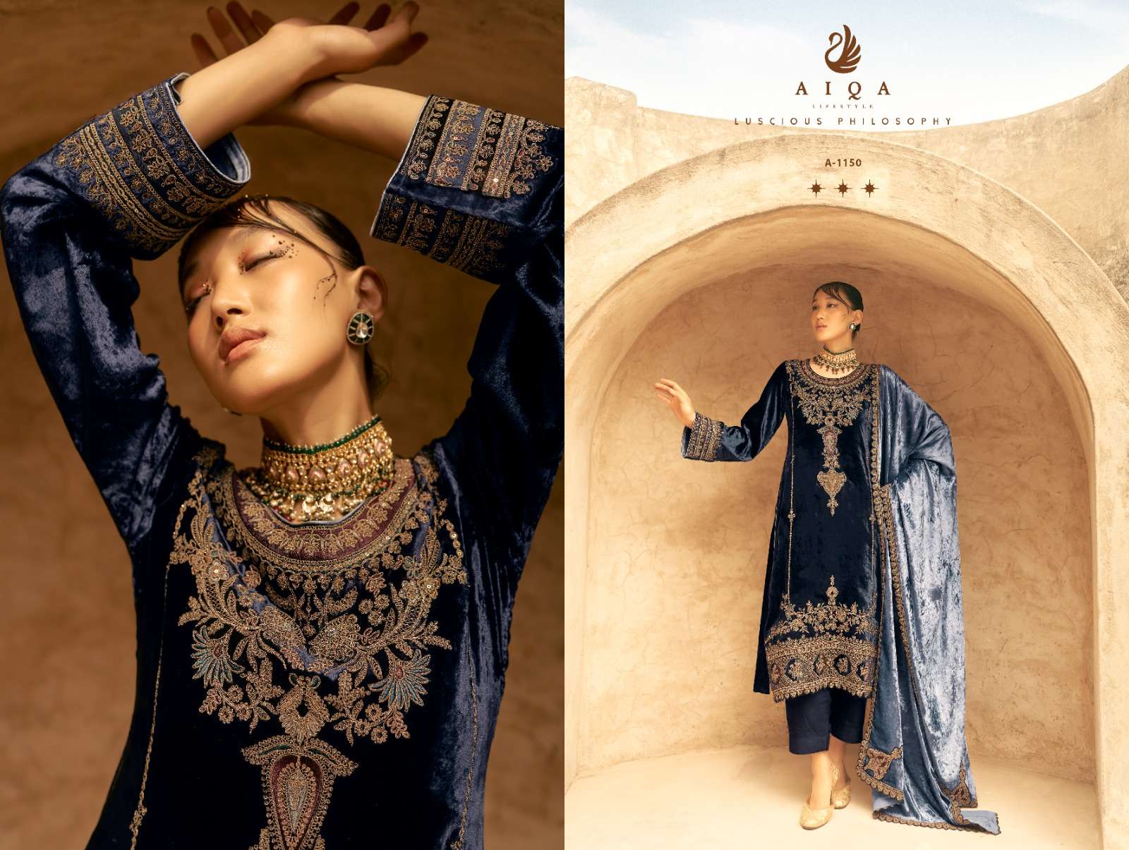 shaina by aiqa lifestyle 1143-1150 series heavy designer velvet pashmina salwar kameez catalogue surat gujarat 