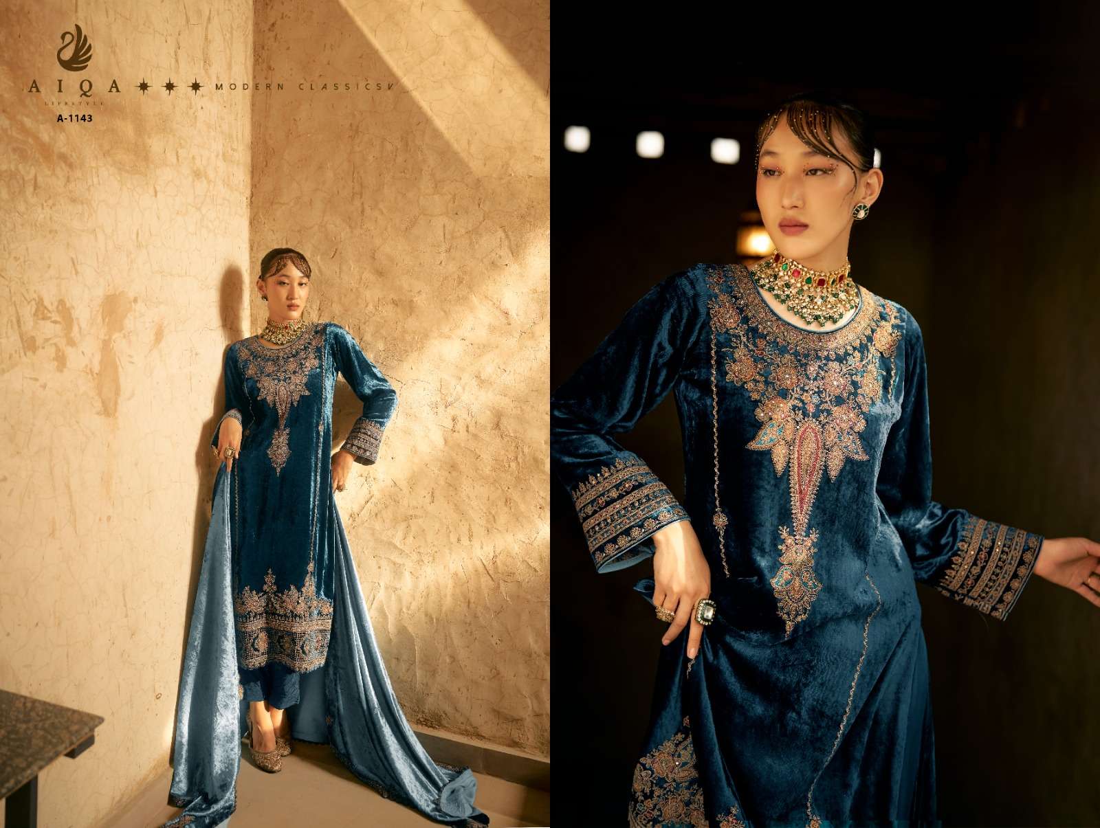 shaina by aiqa lifestyle 1143-1150 series heavy designer velvet pashmina salwar kameez catalogue surat gujarat 