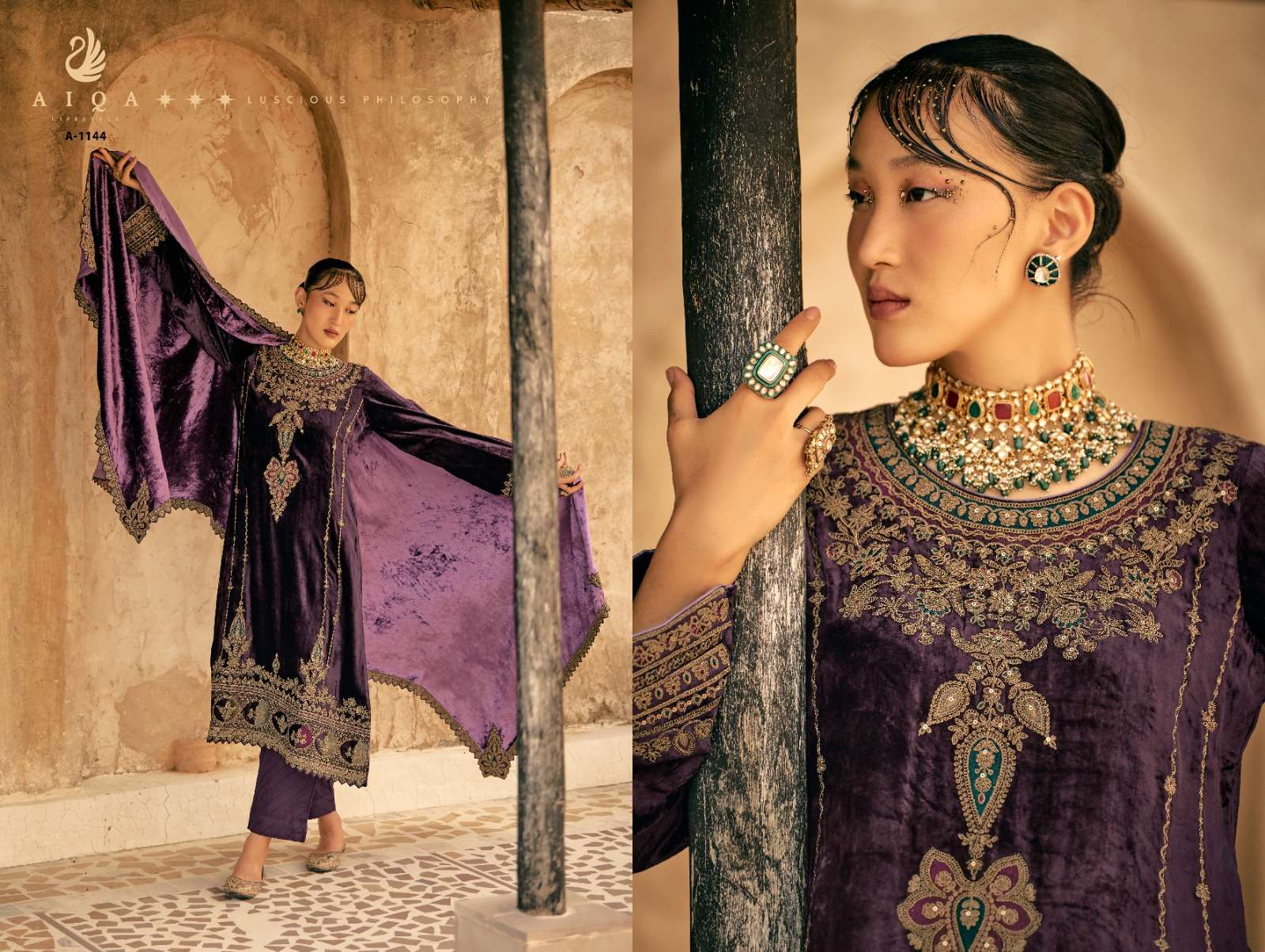 shaina by aiqa lifestyle 1143-1150 series heavy designer velvet pashmina salwar kameez catalogue surat gujarat 