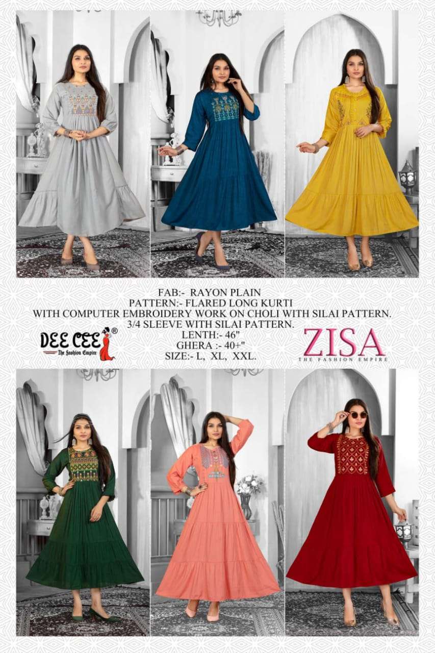 zisa by deecee 1001 1006 series rayon plain flared long kurtis catalogue online wholesale dealer surat gujarat