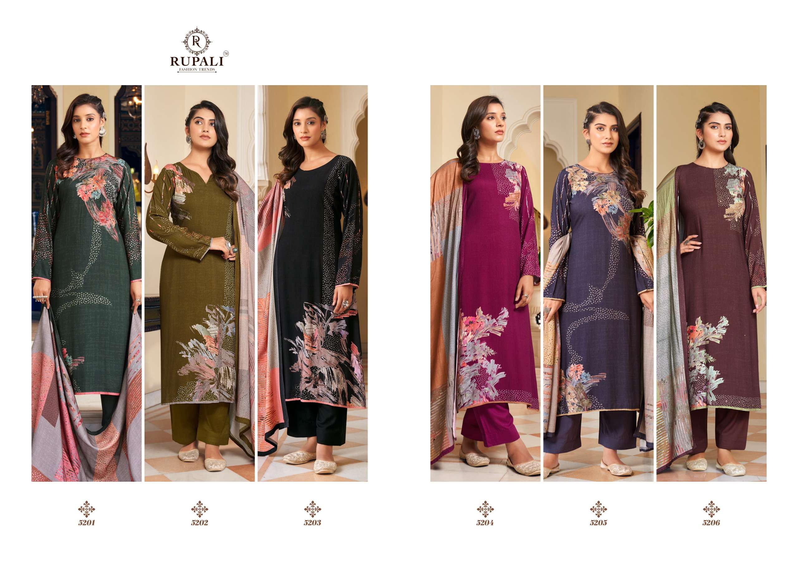 ziya by rupali fashion 5201-5206 series viscose pashmina exclusive salwar suits catalogue buy online surat 