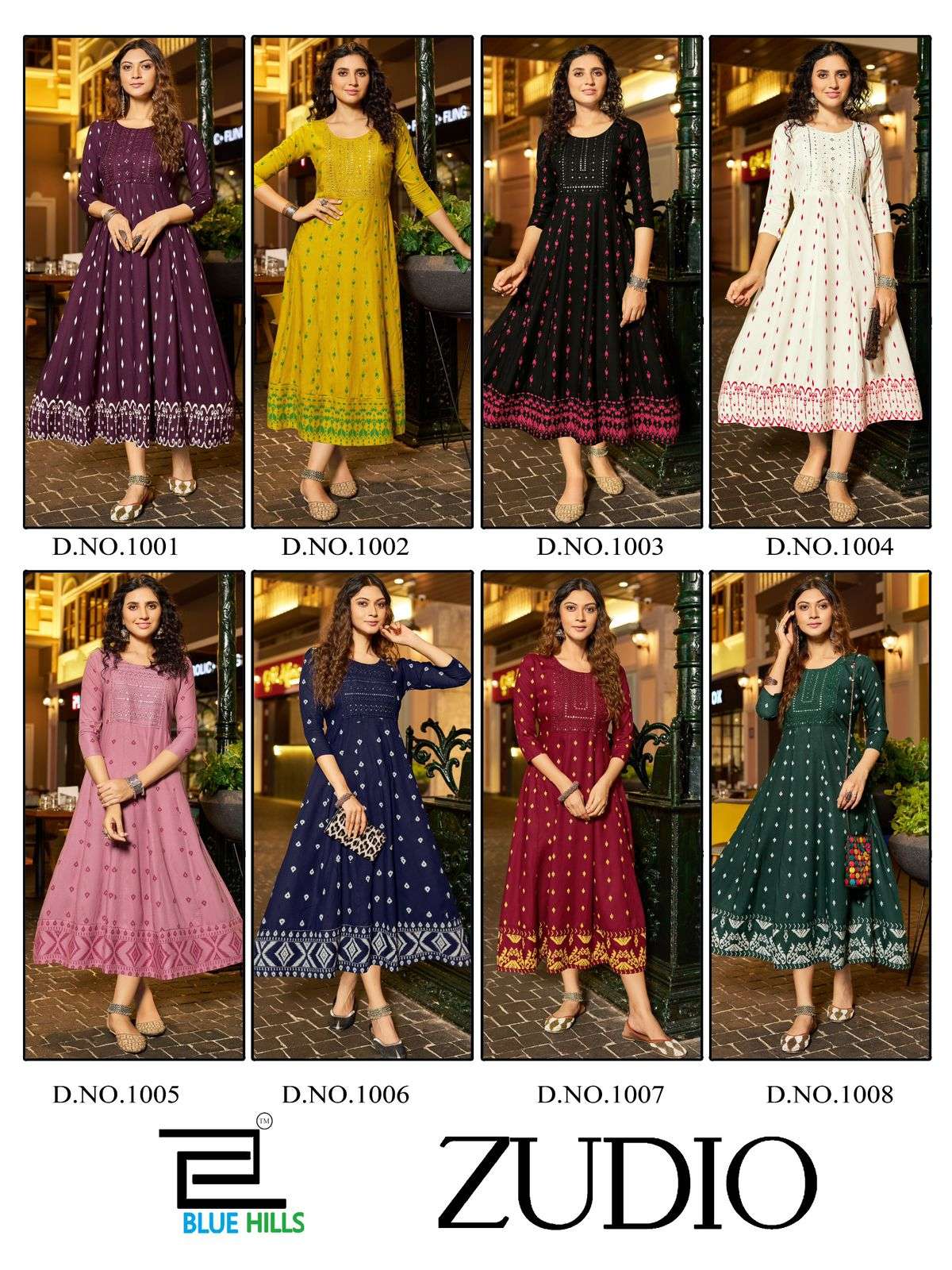 zudio by bluehills 1001-1008 series designer rayon printed long kurtis catalogue wholesale dealer surat gujarat 