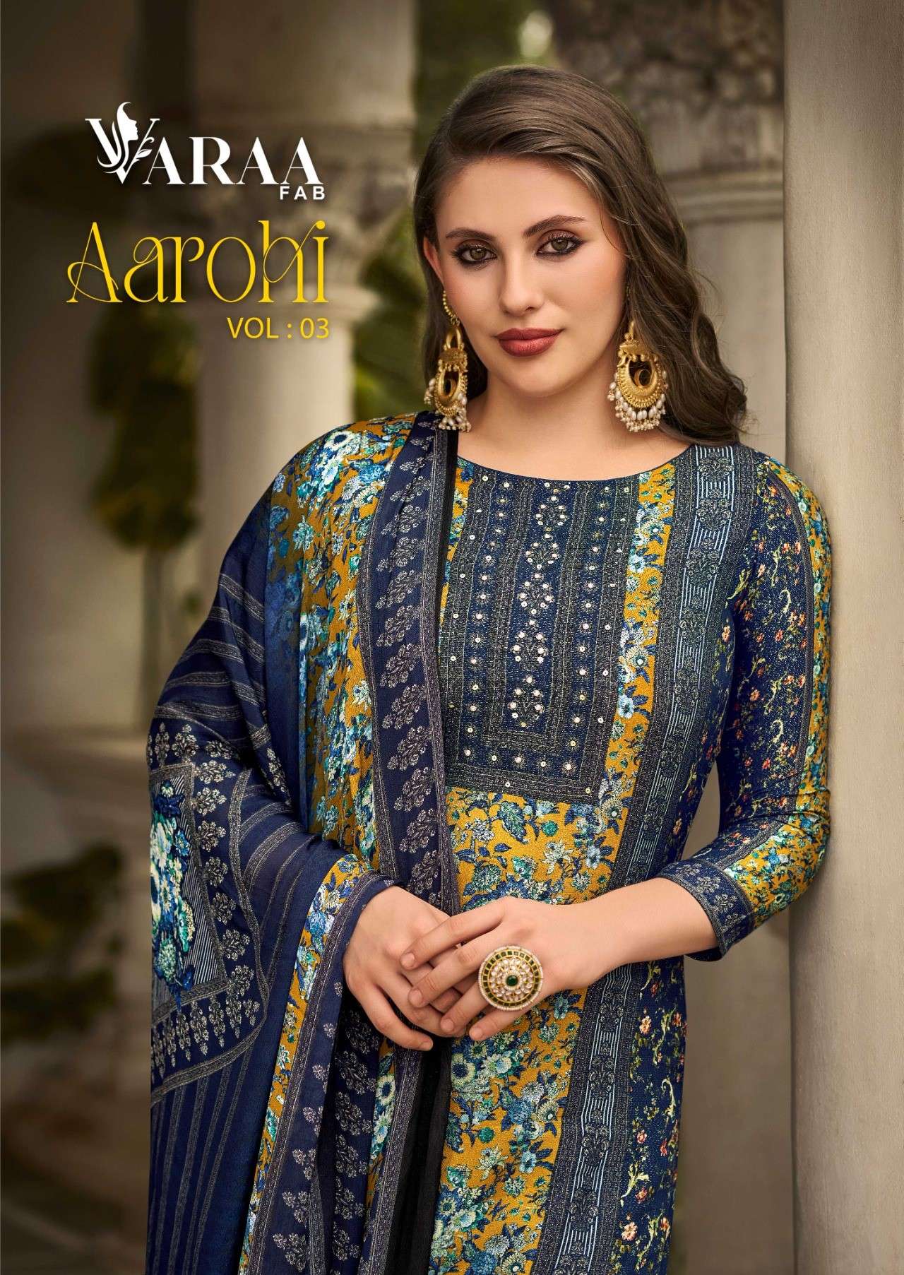 aarohi vol-3 by varaa fab 301-306 series digital printed with hand work dress material suits catalogue wholesale surat 