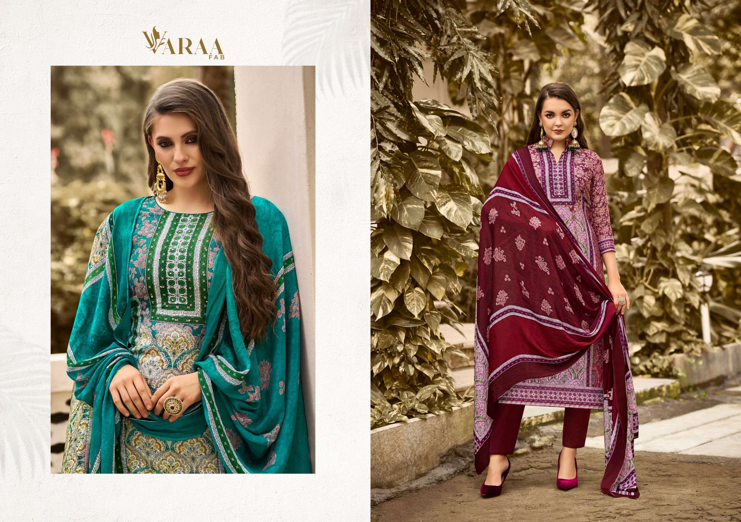 aarohi vol-3 by varaa fab 301-306 series digital printed with hand work dress material suits catalogue wholesale surat 
