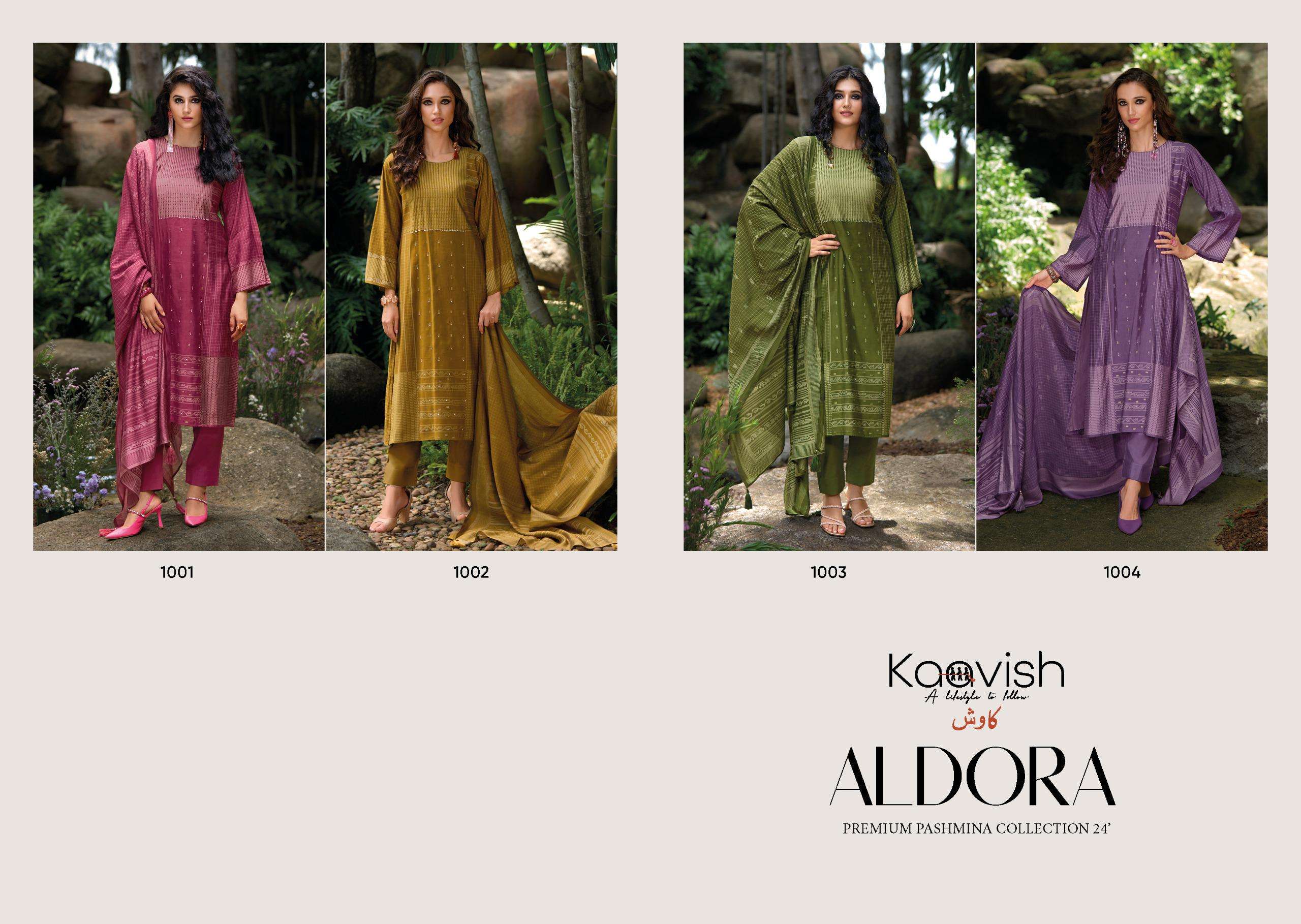 aldora by kaavish fashion 1001-1004 series fancy handwork with digital print pure viscose pashmina suits catalogue surat 