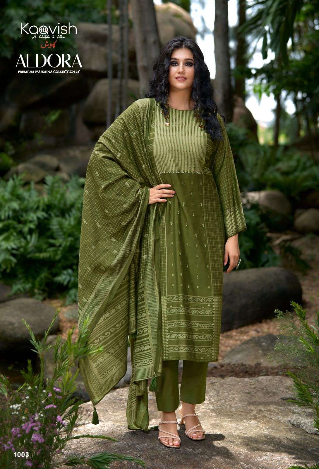 aldora by kaavish fashion 1001-1004 series fancy handwork with digital print pure viscose pashmina suits catalogue surat 