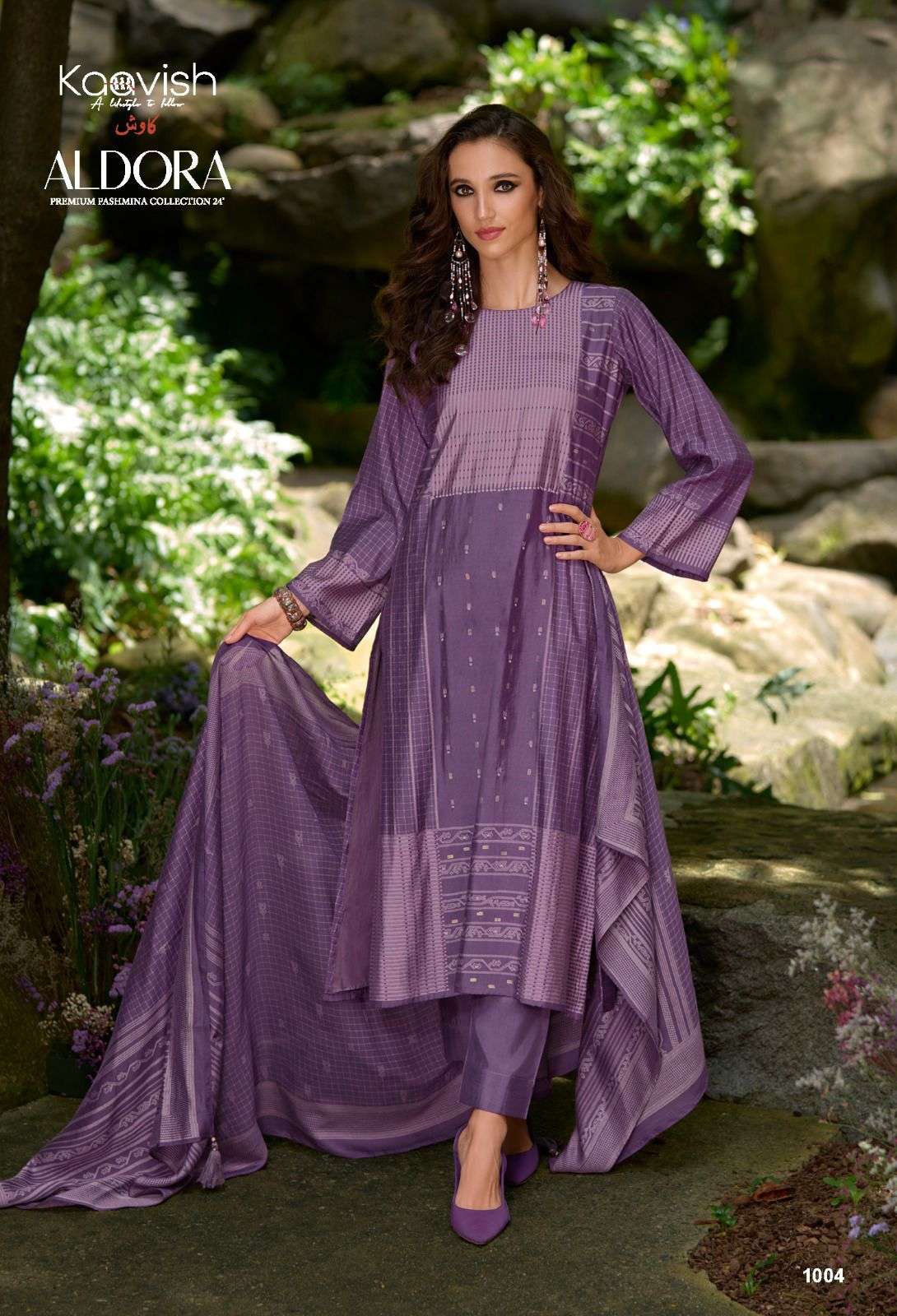 aldora by kaavish fashion 1001-1004 series fancy handwork with digital print pure viscose pashmina suits catalogue surat 