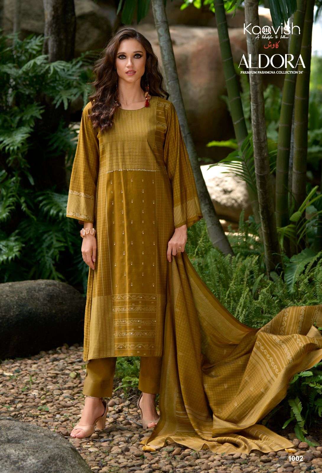 aldora by kaavish fashion 1001-1004 series fancy handwork with digital print pure viscose pashmina suits catalogue surat 