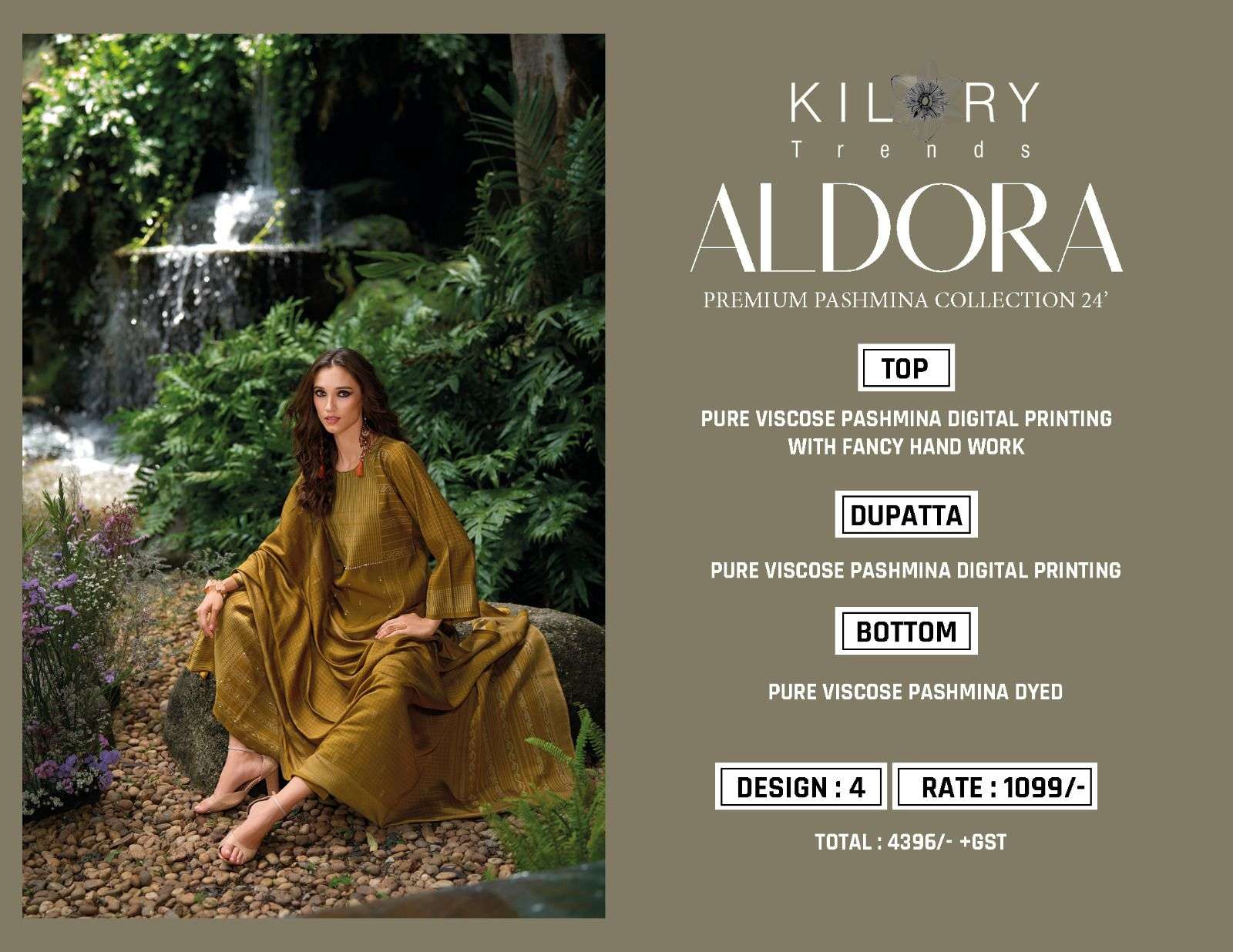 aldora by kaavish fashion 1001-1004 series fancy handwork with digital print pure viscose pashmina suits catalogue surat 