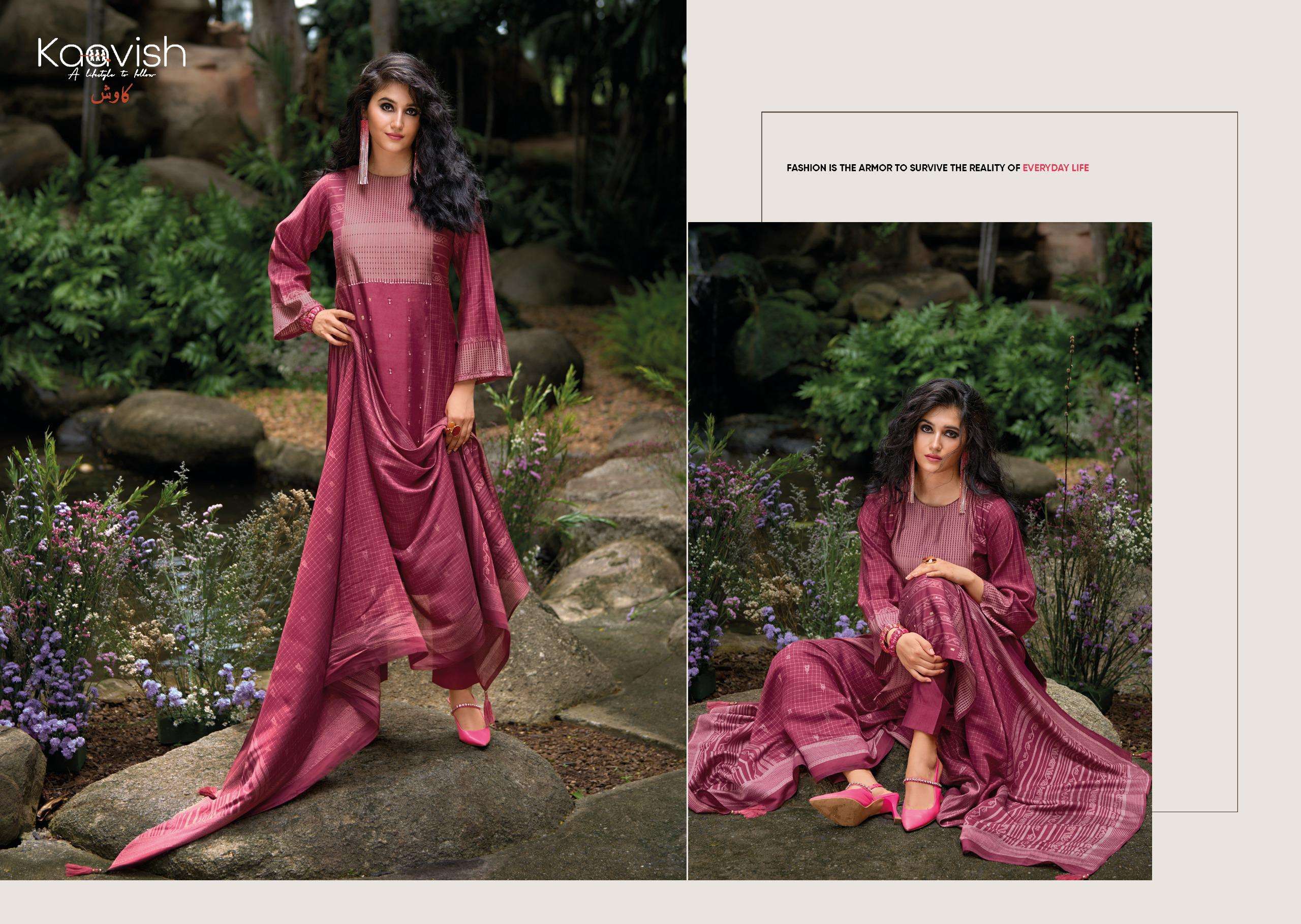 aldora by kaavish fashion 1001-1004 series fancy handwork with digital print pure viscose pashmina suits catalogue surat 