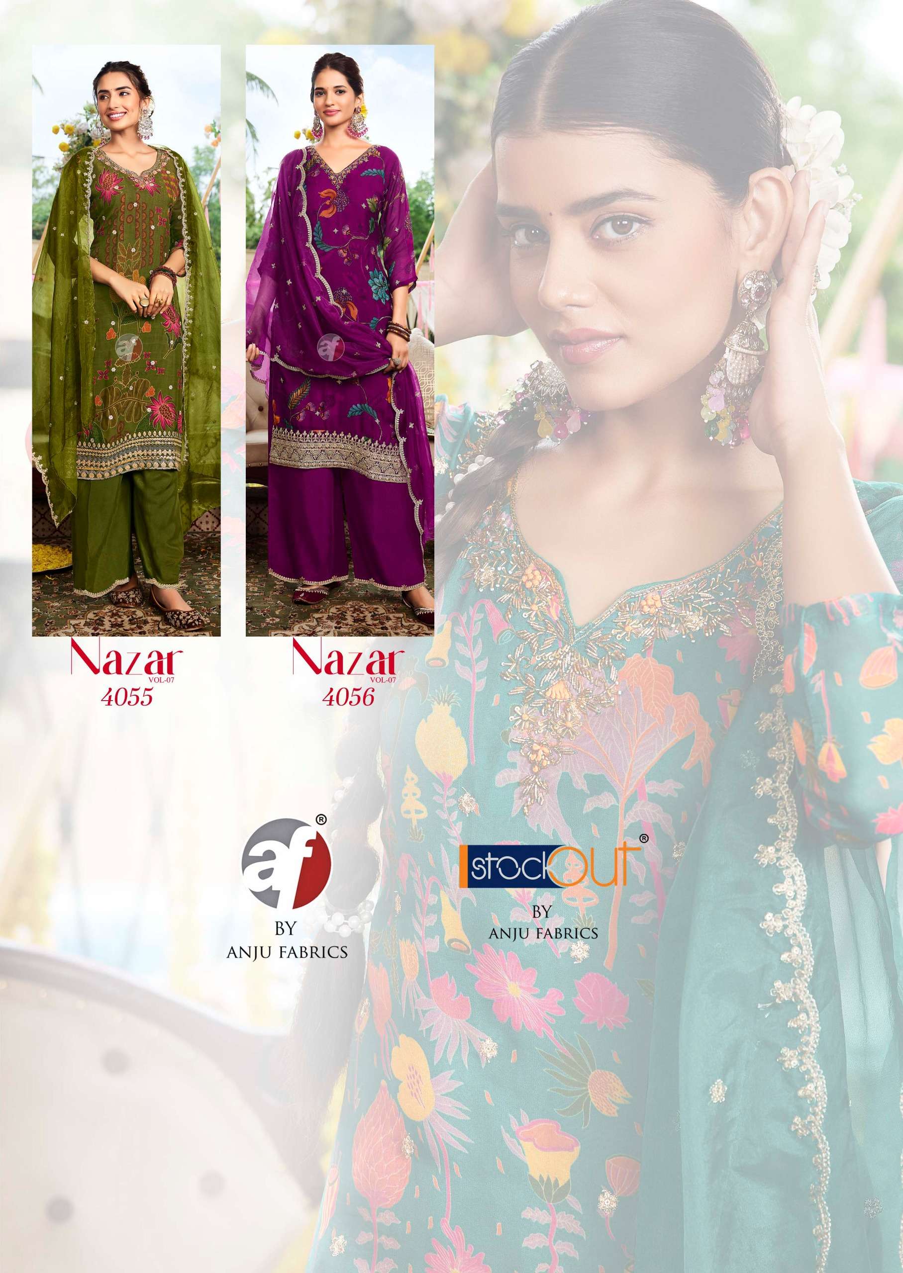 anju fabrics nazar vol-7 4051-4056 series festive special designer kurtis latest catalogue design 2024 