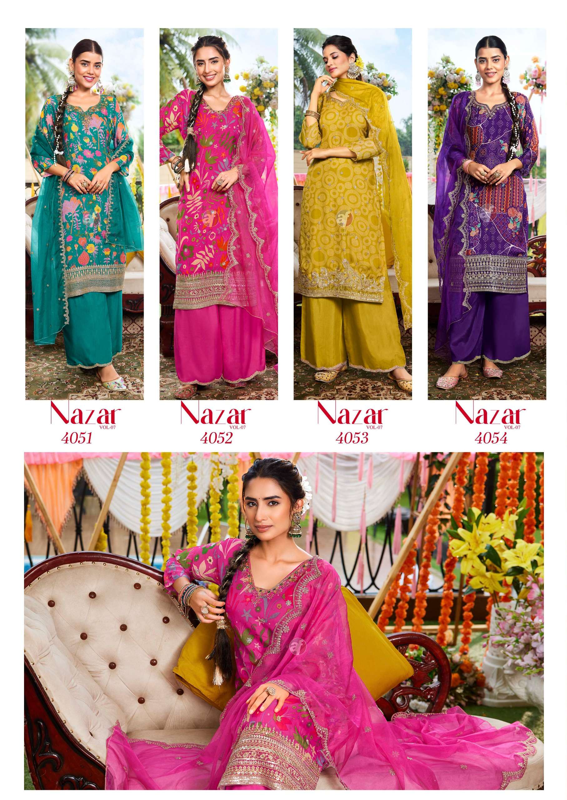 anju fabrics nazar vol-7 4051-4056 series festive special designer kurtis latest catalogue design 2024 