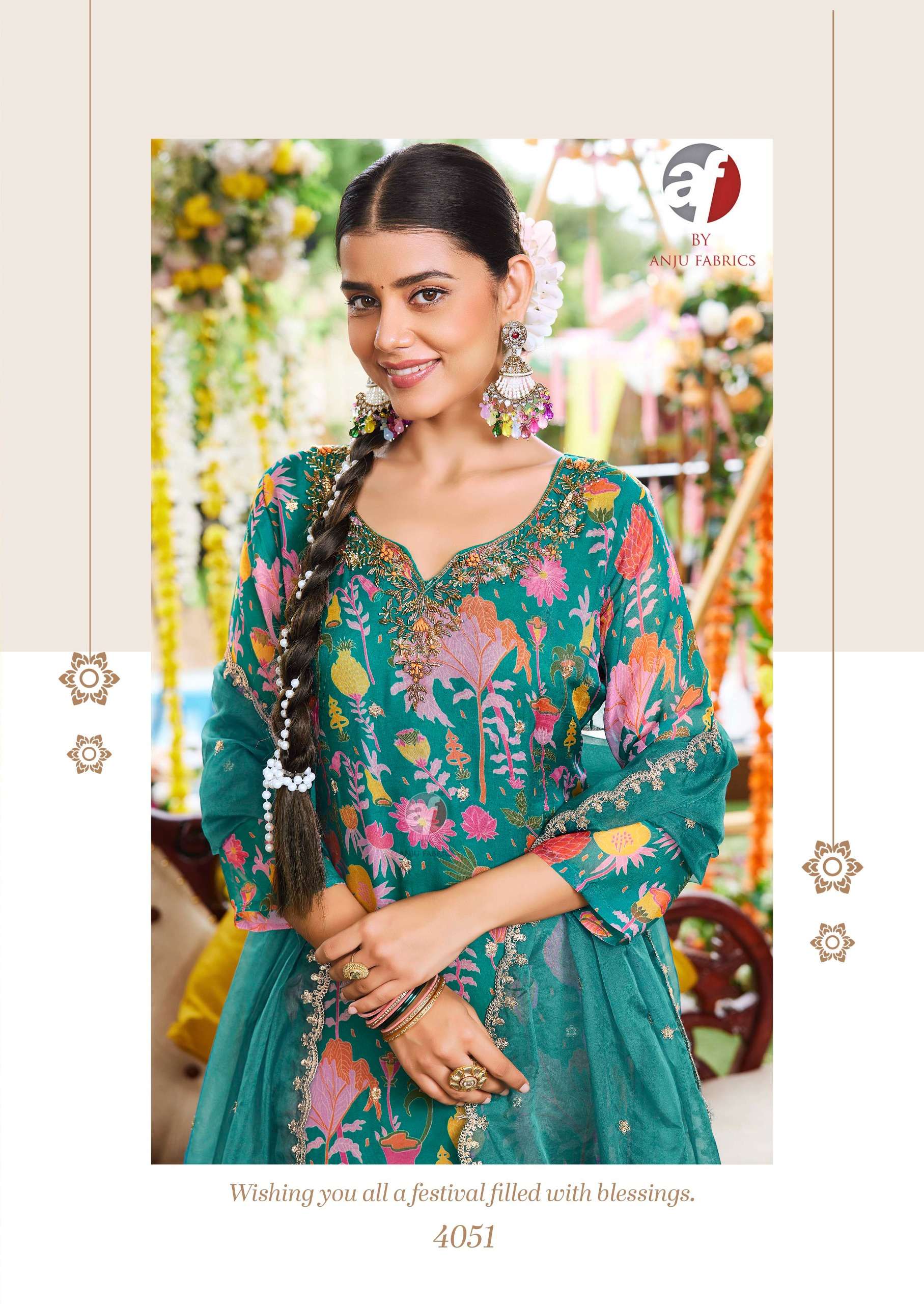 anju fabrics nazar vol-7 4051-4056 series festive special designer kurtis latest catalogue design 2024 