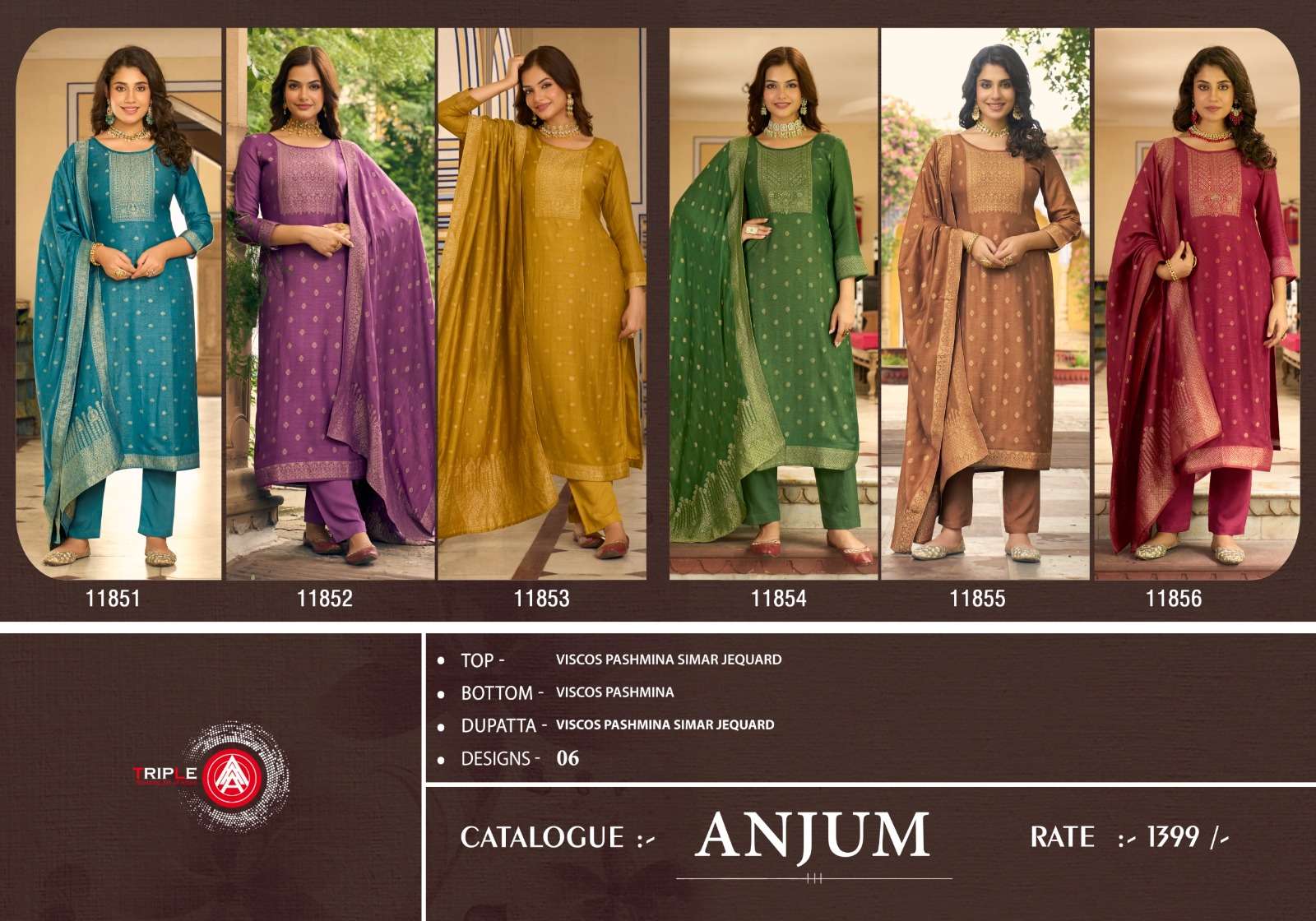 anjum by triple aaa 11851-11856 series exclusive designer heavy viscose pashmina suits catalogue surat 