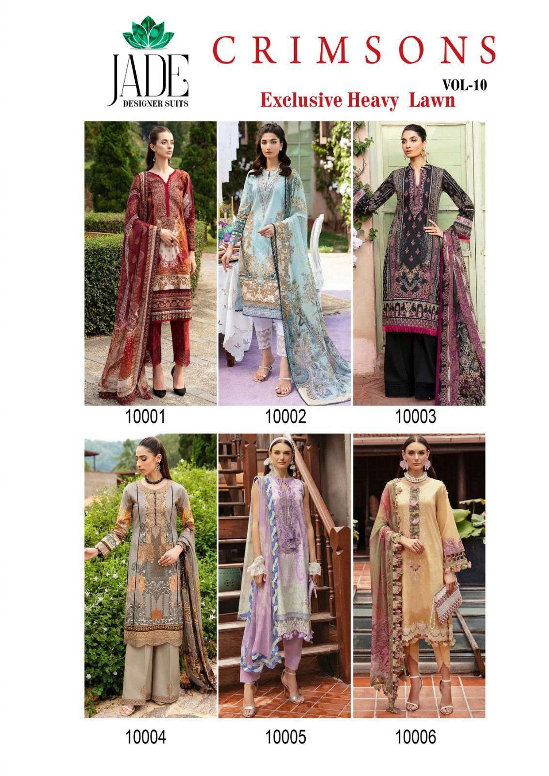 crimson vol-10 by jade 10001-10006 series exclusive karachi print lawn cotton wholesale rate catalogue surat 