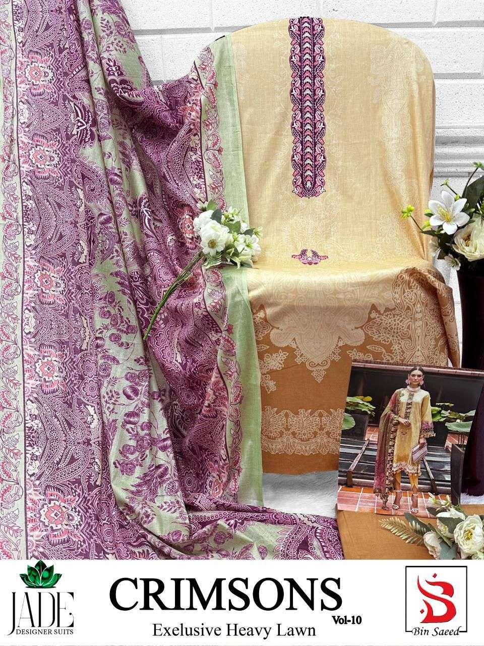 crimson vol-10 by jade 10001-10006 series exclusive karachi print lawn cotton wholesale rate catalogue surat 