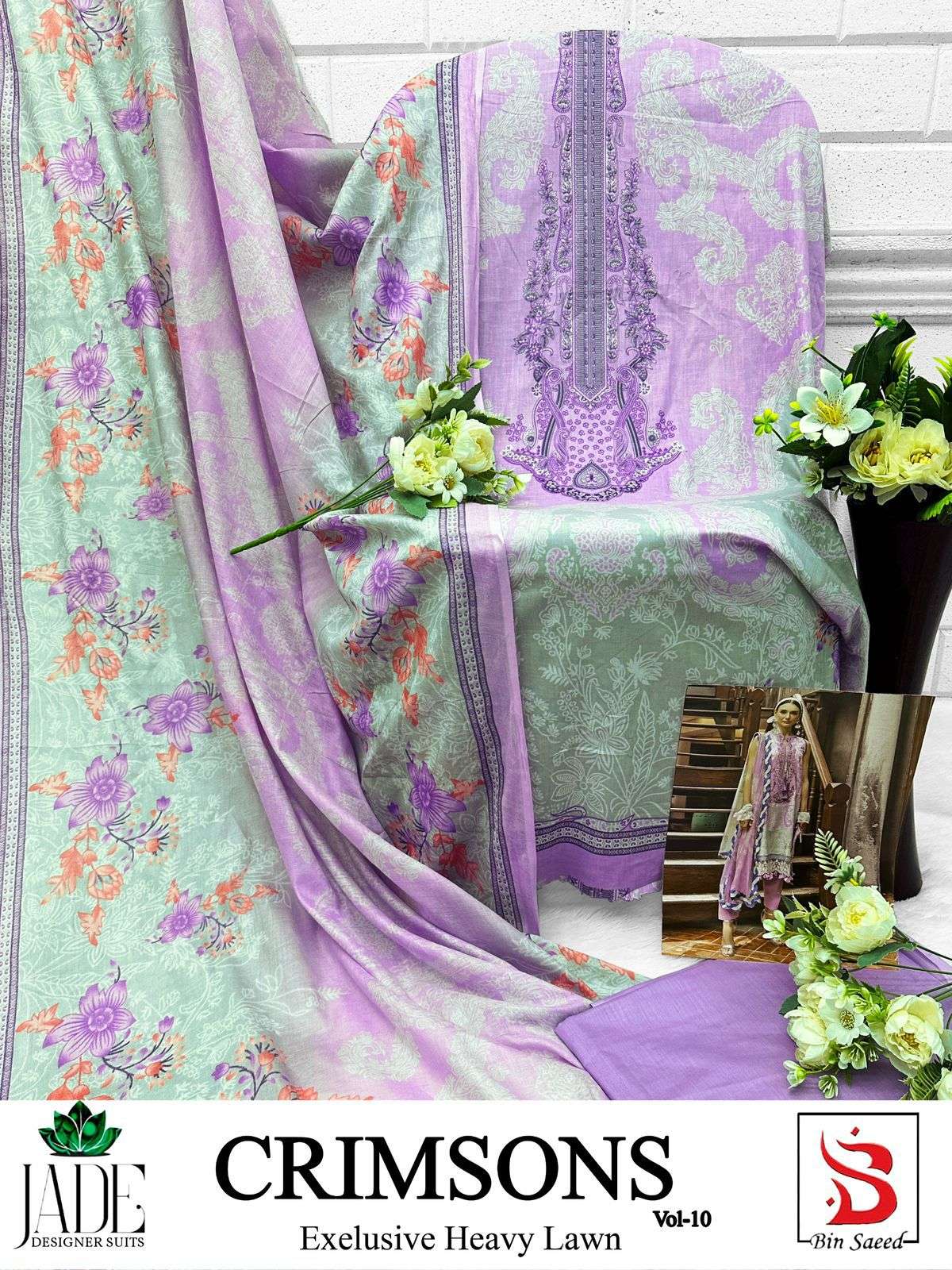 crimson vol-10 by jade 10001-10006 series exclusive karachi print lawn cotton wholesale rate catalogue surat 