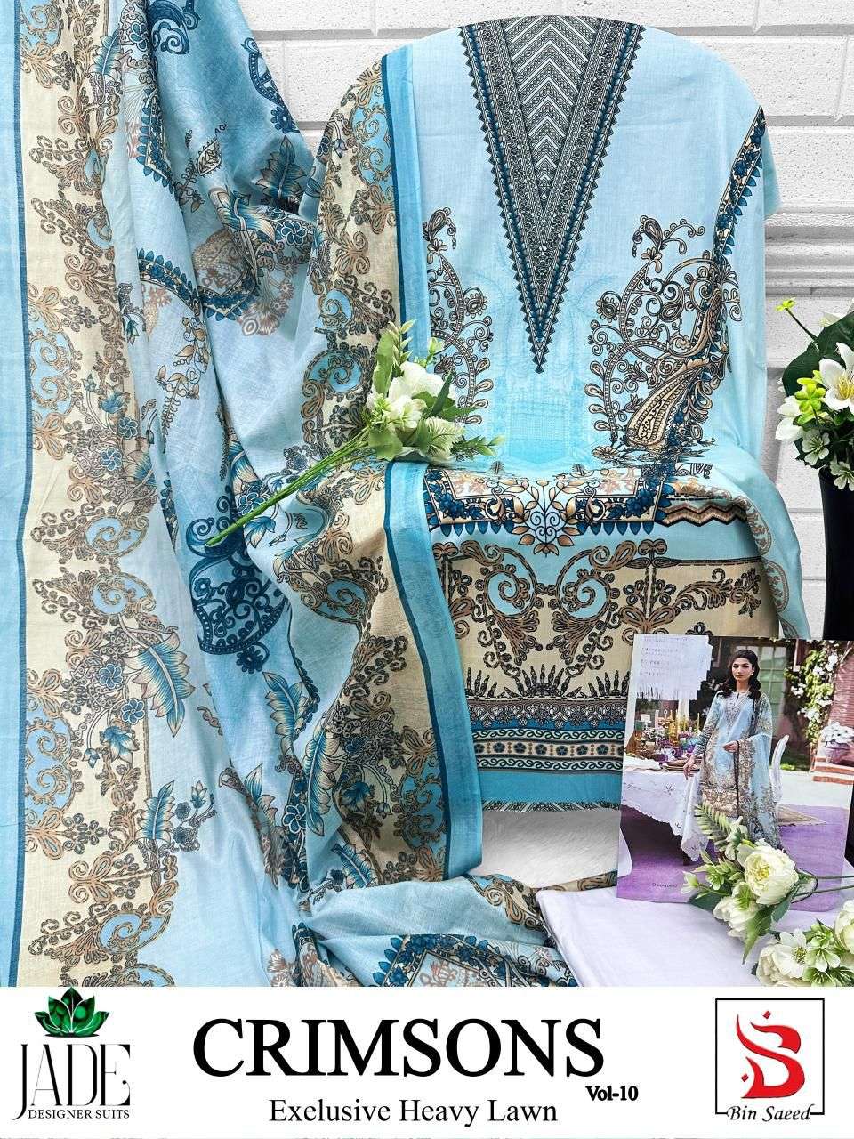 crimson vol-10 by jade 10001-10006 series exclusive karachi print lawn cotton wholesale rate catalogue surat 