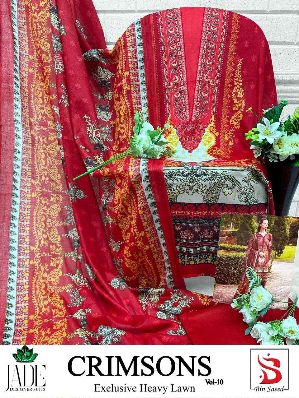 crimson vol-10 by jade 10001-10006 series exclusive karachi print lawn cotton wholesale rate catalogue surat 