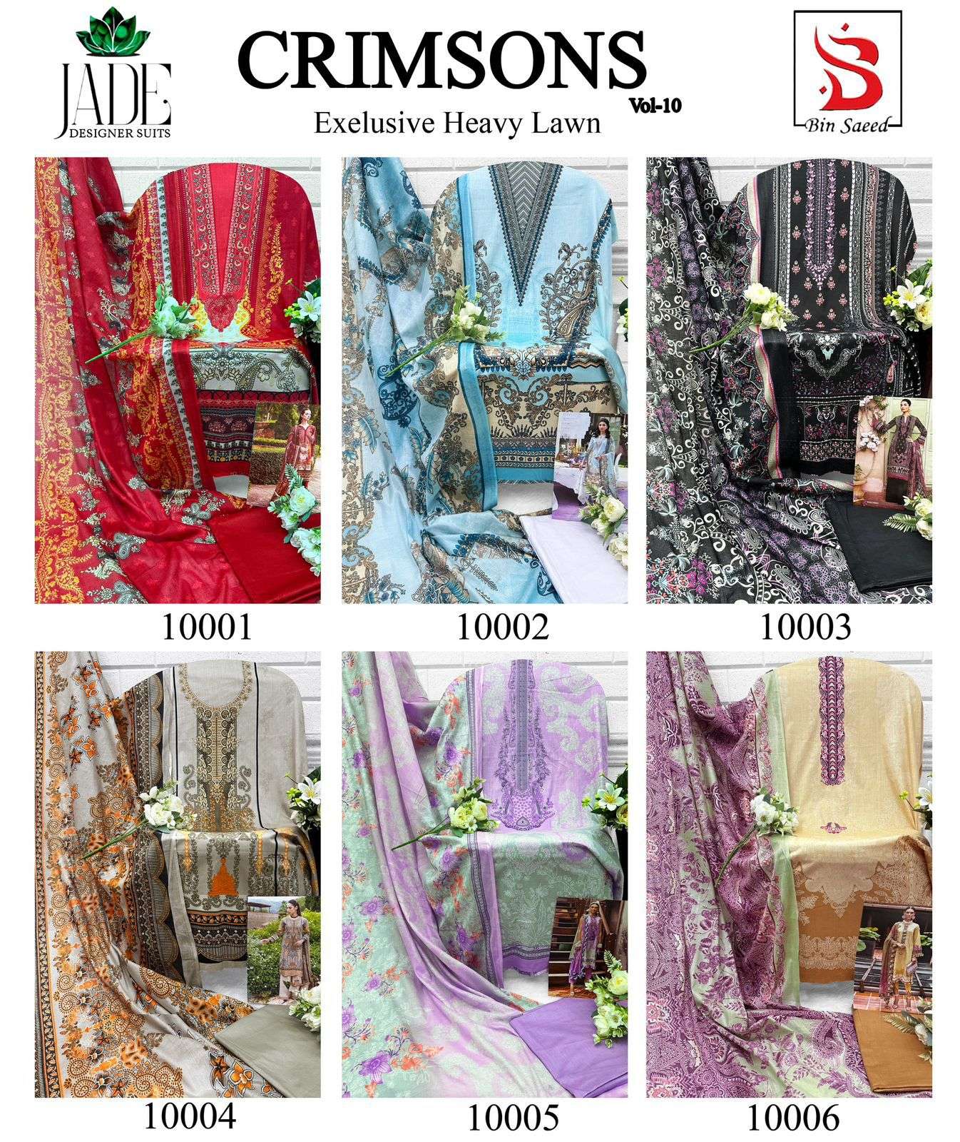 crimson vol-10 by jade 10001-10006 series exclusive karachi print lawn cotton wholesale rate catalogue surat 
