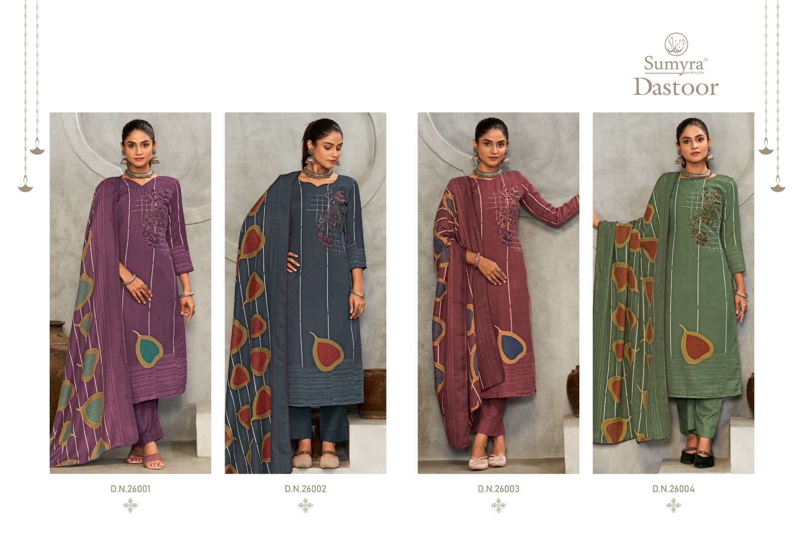 dastoor by radhika fashion 26001-26004 series trendy designer unstich suits material catalogue wholesale surat 