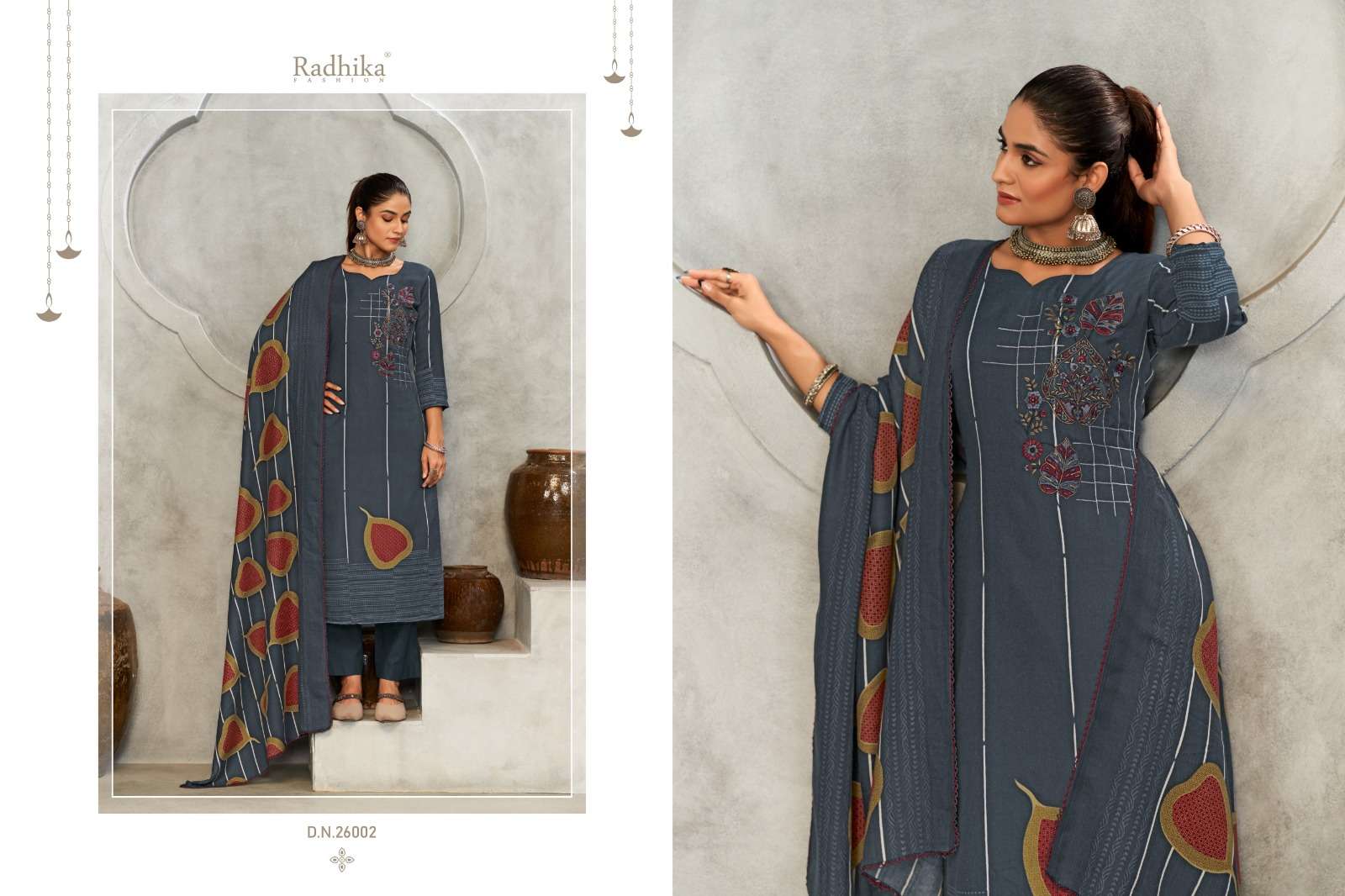 dastoor by radhika fashion 26001-26004 series trendy designer unstich suits material catalogue wholesale surat 