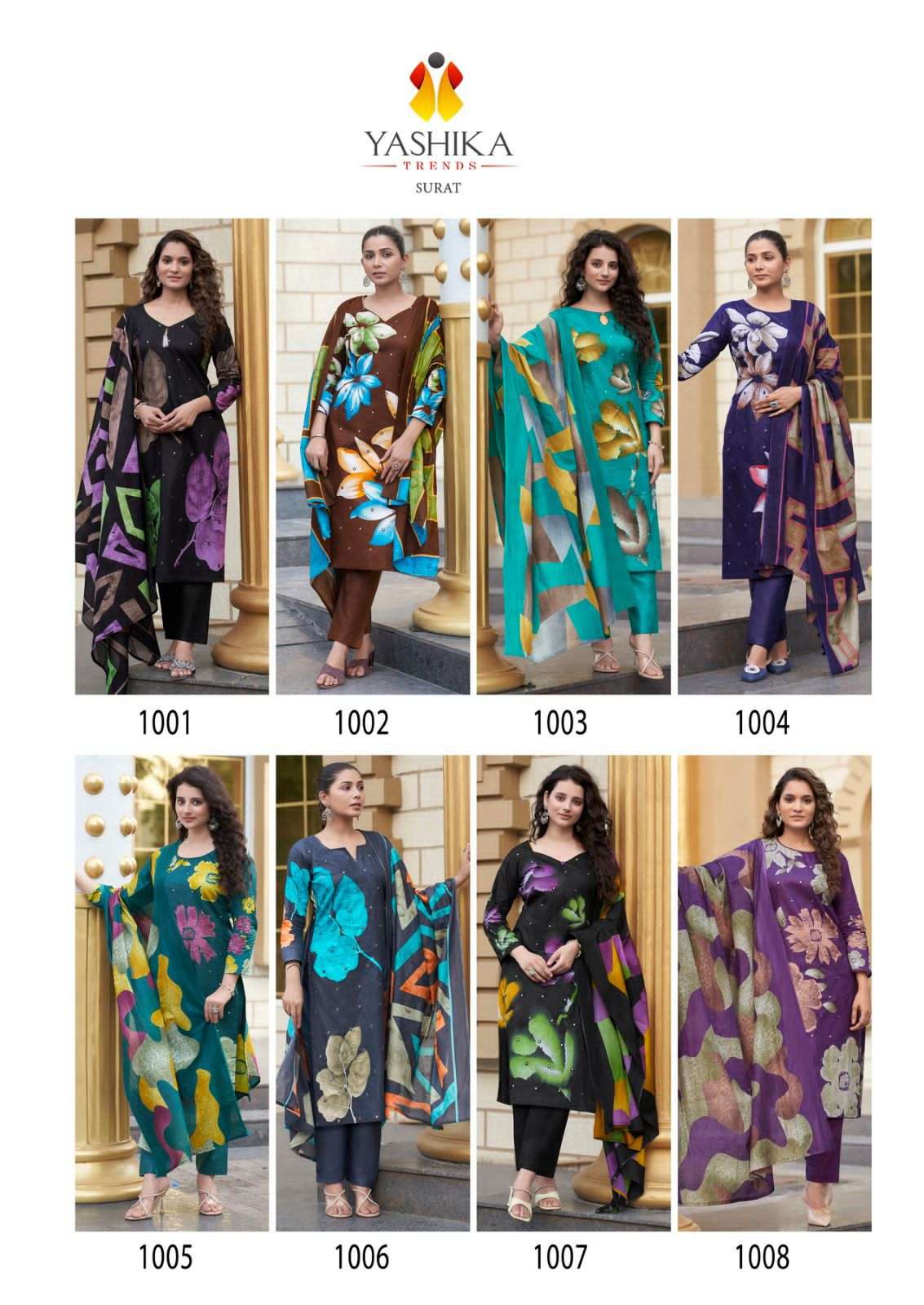 dua by yashika trends 1001-1008 series fancy designer unstich cotton salwar kameez catalogue wholesaler surat 