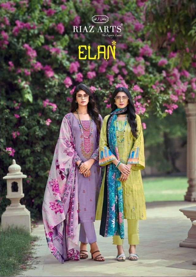 elan by riaz arts 8001-8007 series fancy designer digital pure lawn cambric suits catalogue latest design 2024