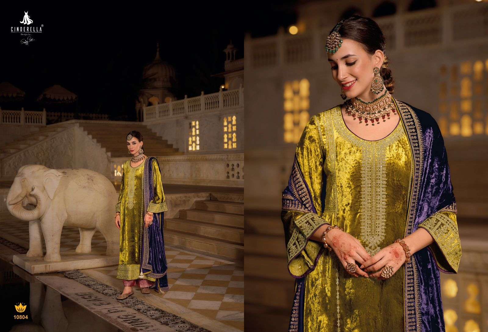 elegance by cinderella 10801-10806 series fancy designer embroidery work pure viscose velvet dress material catalogue surat 