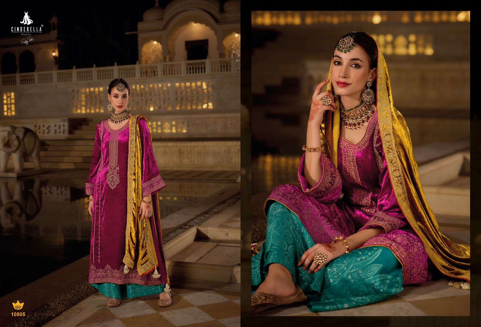 elegance by cinderella 10801-10806 series fancy designer embroidery work pure viscose velvet dress material catalogue surat 