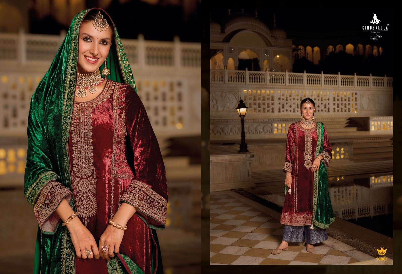 elegance by cinderella 10801-10806 series fancy designer embroidery work pure viscose velvet dress material catalogue surat 