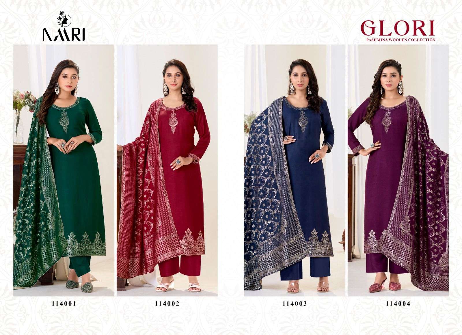 glori by naari 114001-114004 series fancy designer pure viscose pashmina dress material catalogue online shopping surat