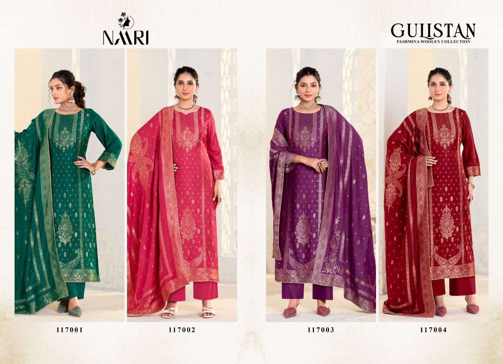 gulistan by naari 117001-117004 series exclusive designer viscose pashmina salwar suits catalogue online best rate surat
