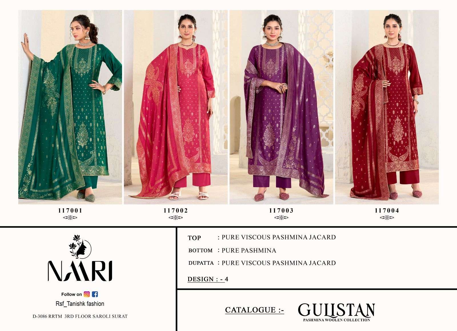 gulistan by naari 117001-117004 series exclusive designer viscose pashmina salwar suits catalogue online best rate surat