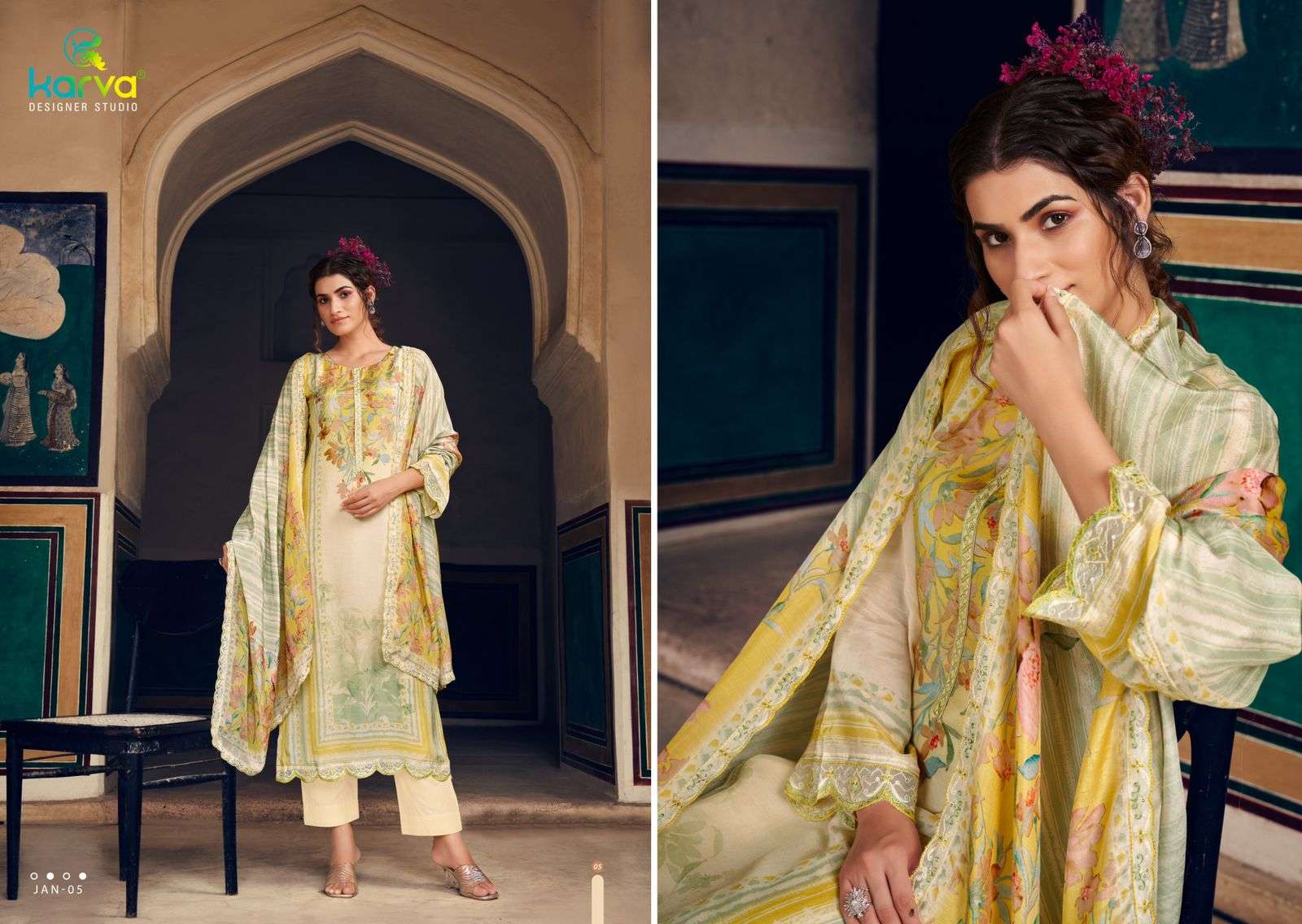 jannat by karva designer studio exclusive designer viscose muslin salwar kameez catalogue manufacturer surat