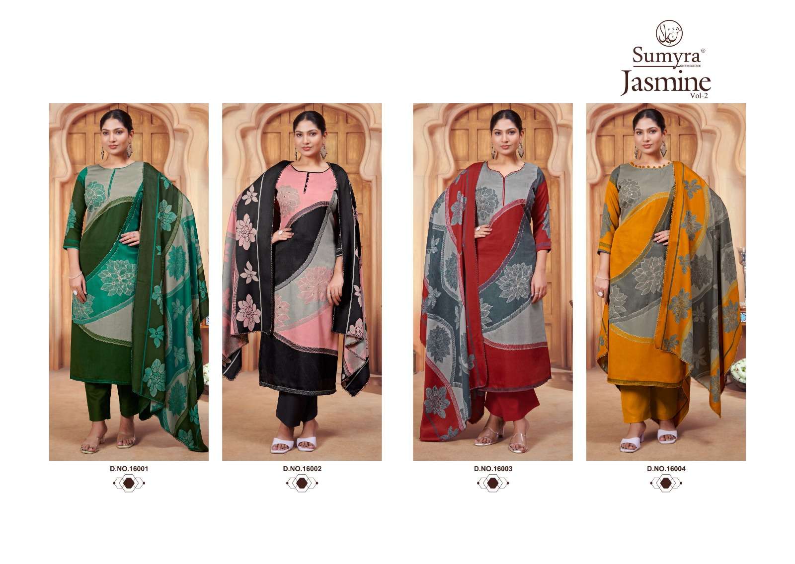 jasmine vol-2 by radhika fashion 16004-16004 series winter designer pashmina salwar suits catalogue surat