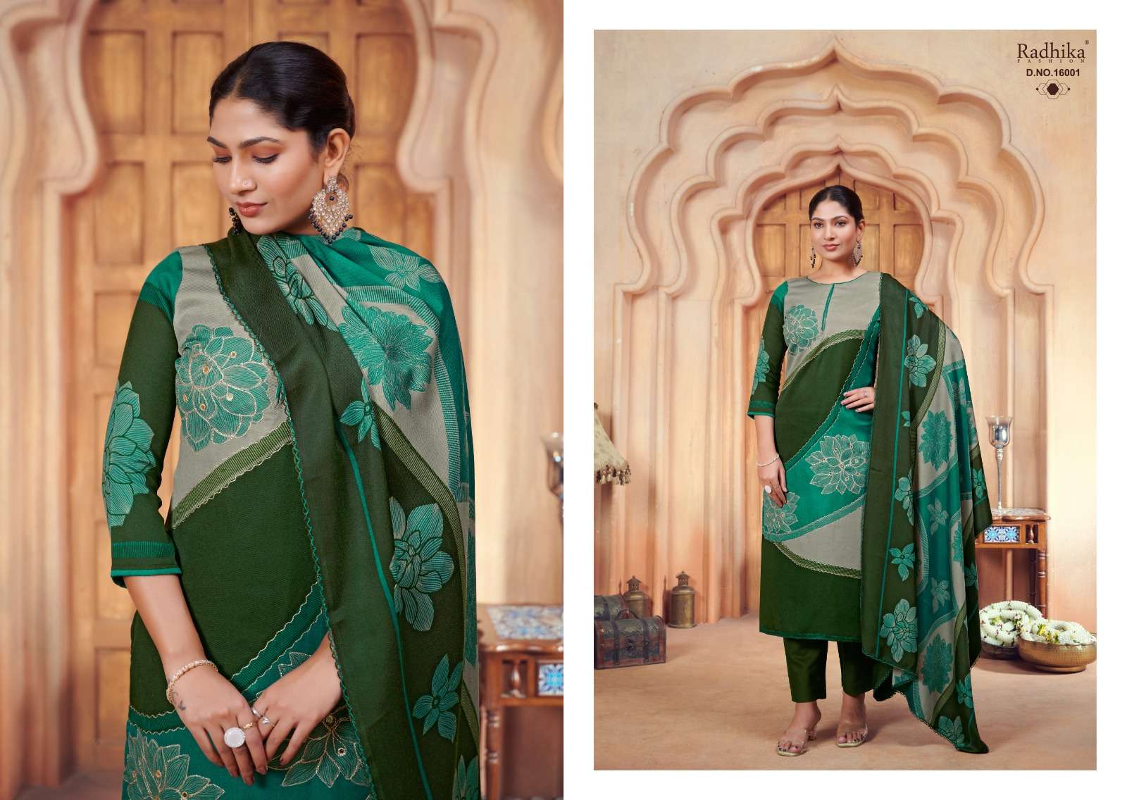 jasmine vol-2 by radhika fashion 16004-16004 series winter designer pashmina salwar suits catalogue surat