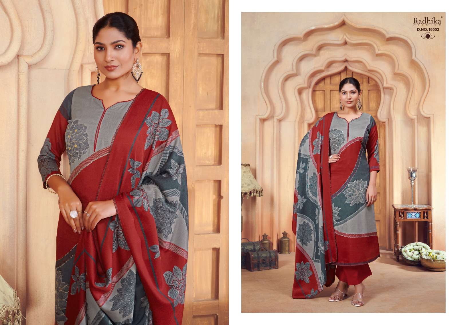 jasmine vol-2 by radhika fashion 16004-16004 series winter designer pashmina salwar suits catalogue surat